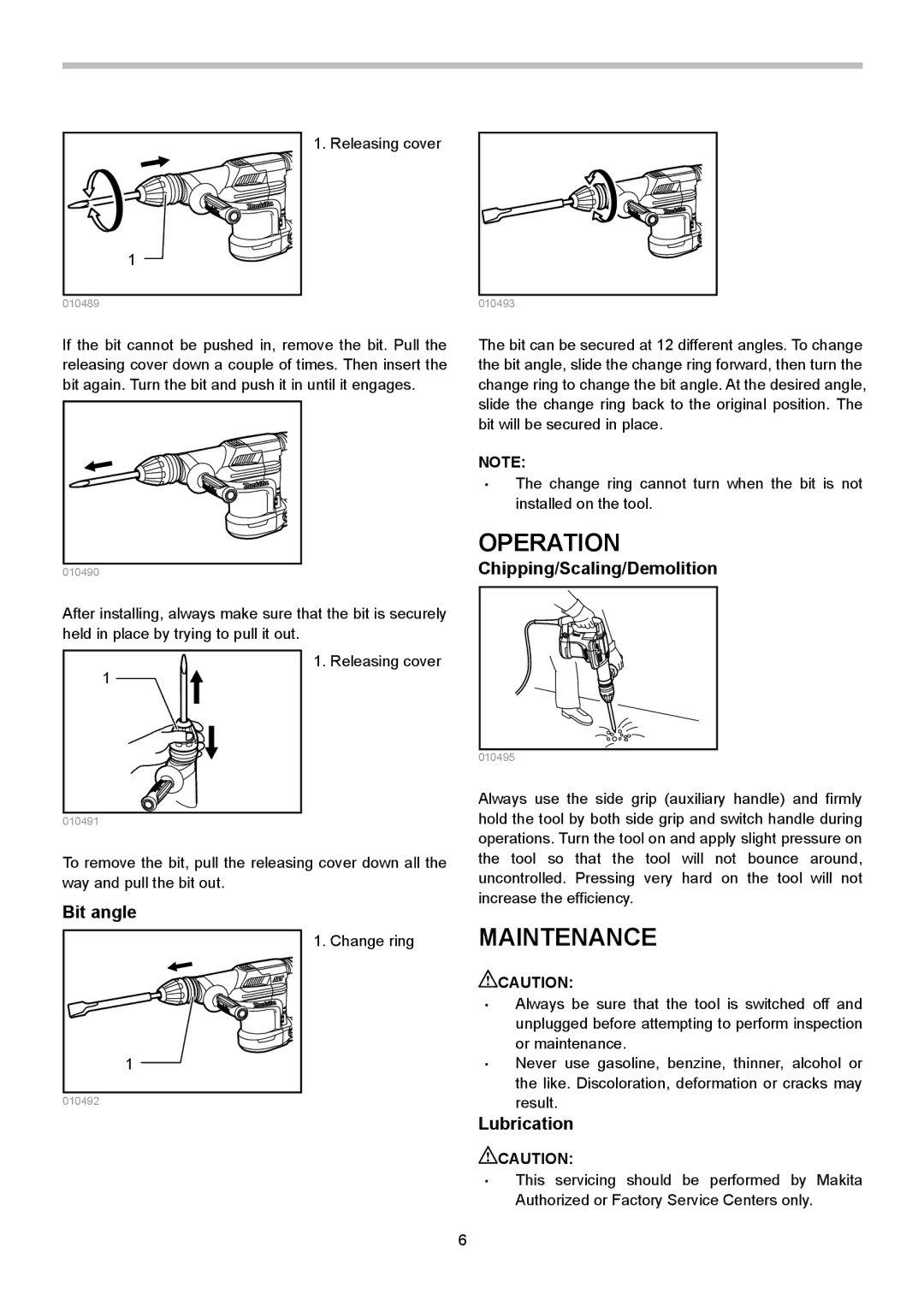 Makita HM0871C, HM0870C instruction manual Operation, Maintenance, Chipping/Scaling/Demolition, Bit angle, Lubrication 