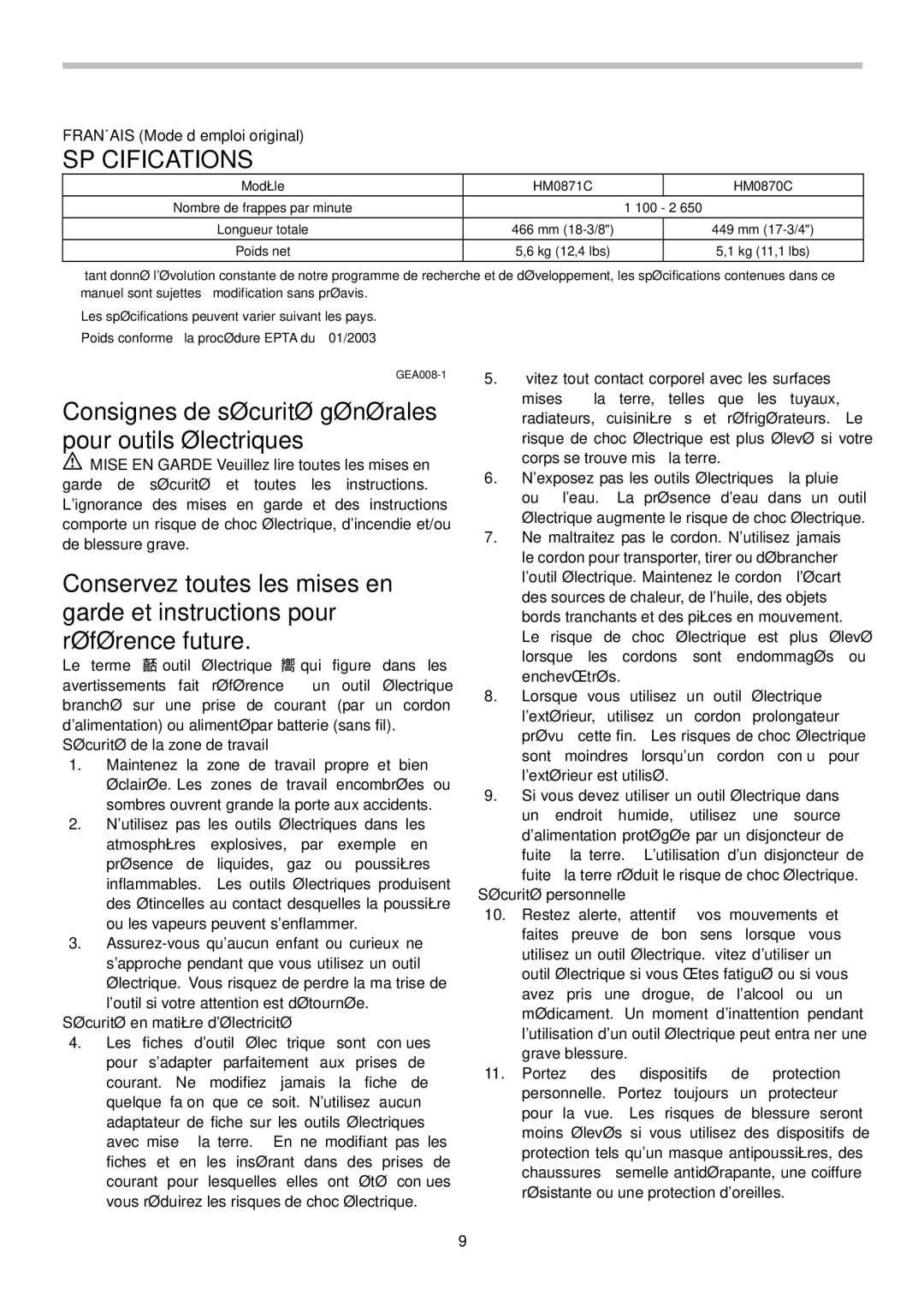 Makita HM0870C, HM0871C instruction manual Spécifications, Français Mode d’emploi original 