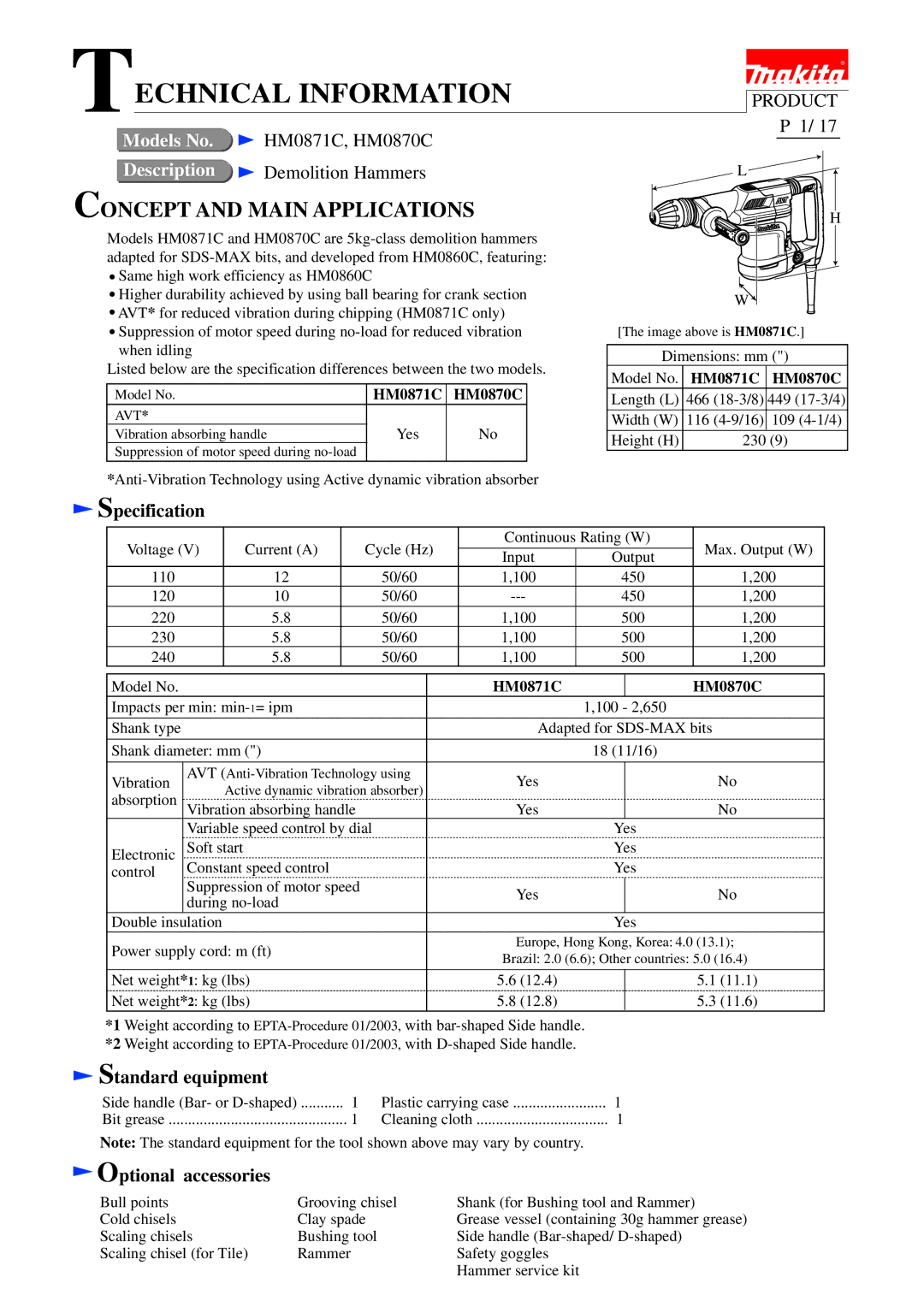 Makita HM0870C, HM0871C dimensions Specification, Standard equipment, Optional accessories 