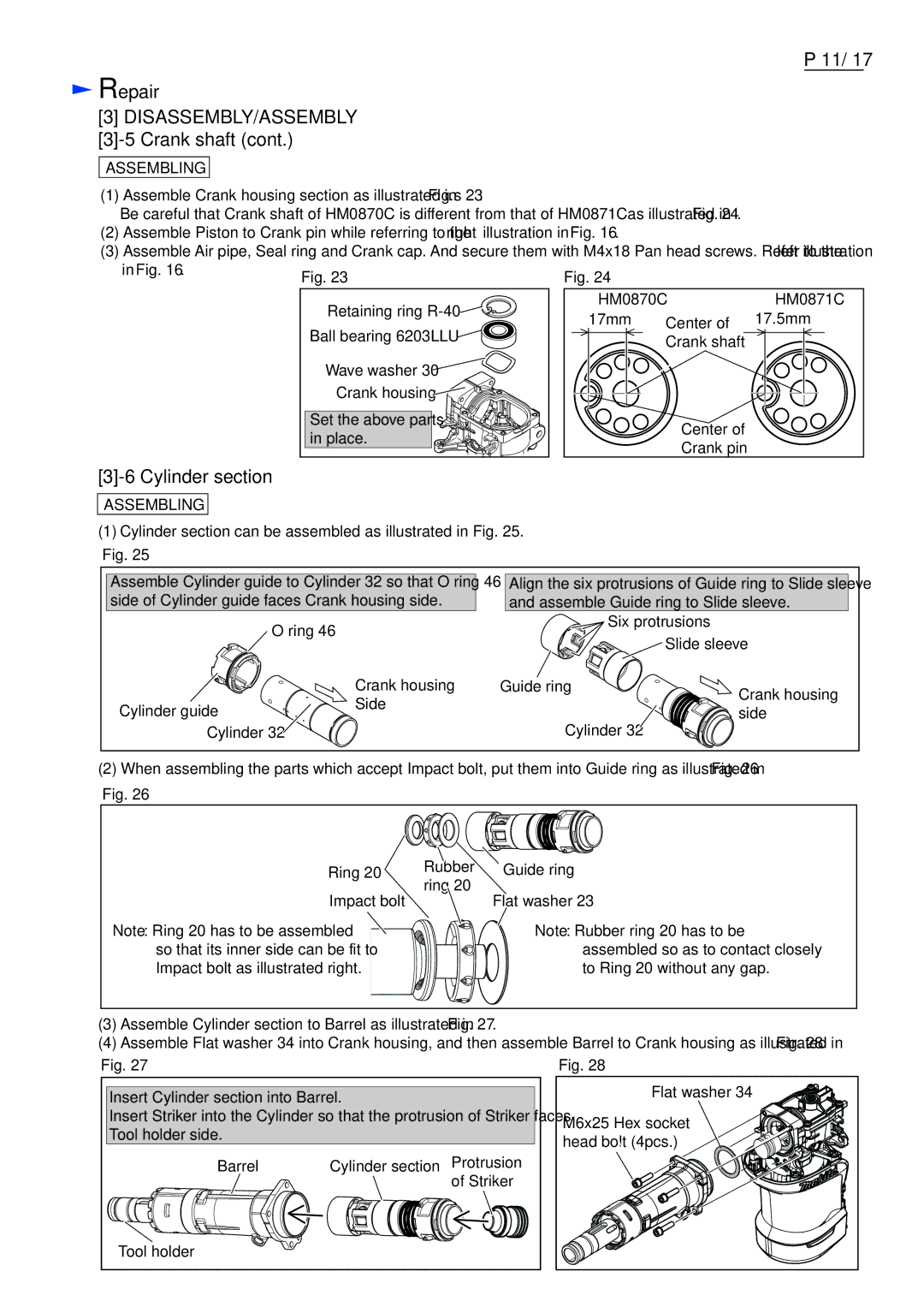 Makita HM0870C, HM0871C dimensions Cylinder section can be assembled as illustrated in . Fig 