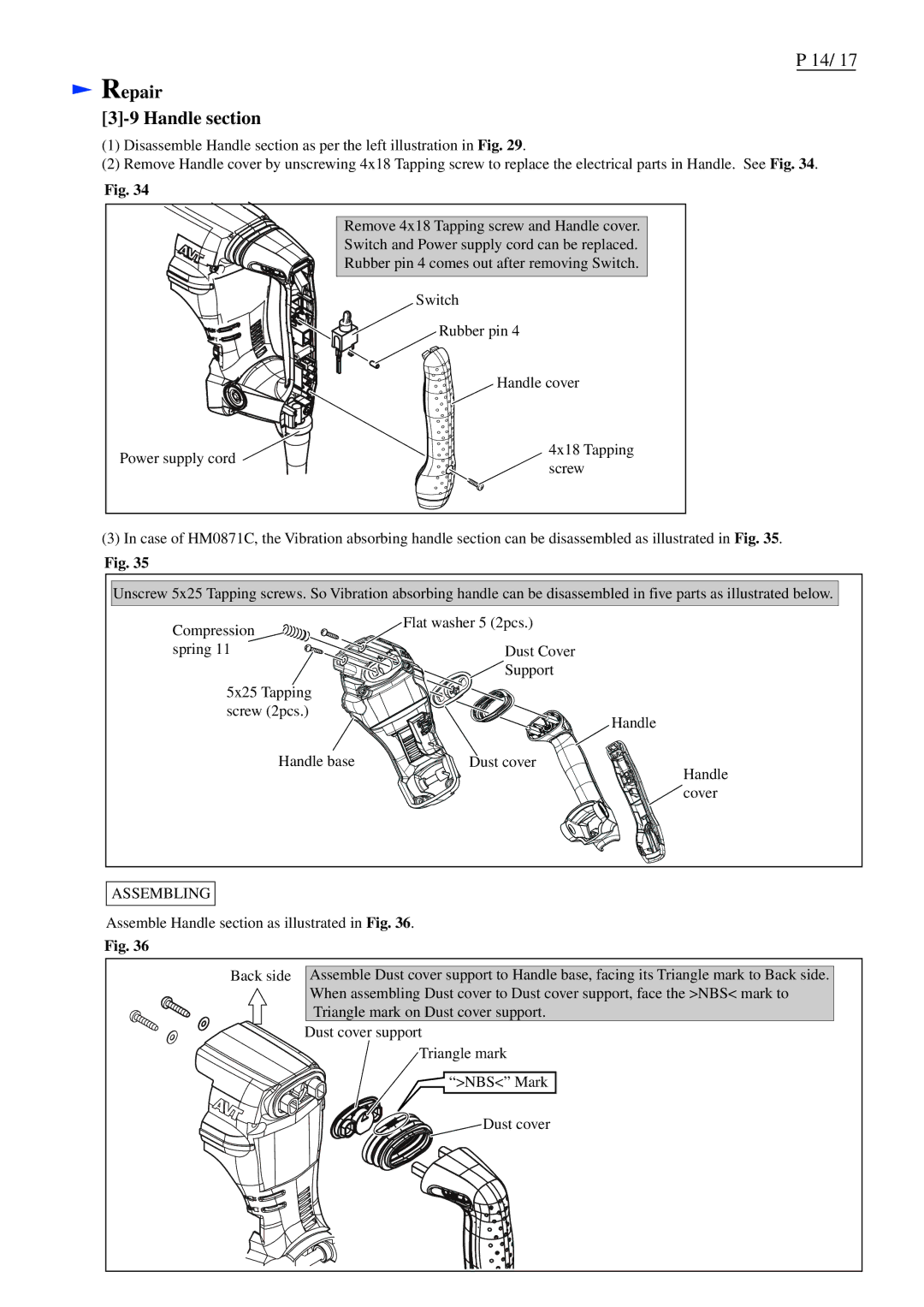 Makita HM0871C, HM0870C dimensions Repair Handle section 