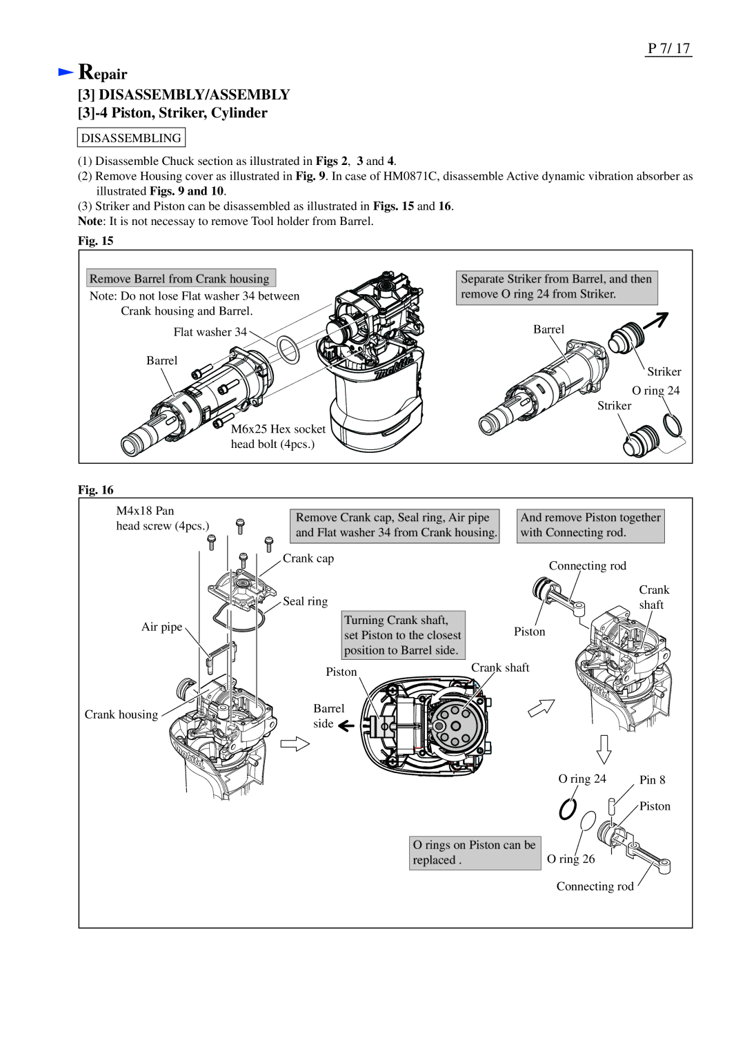 Makita HM0870C, HM0871C dimensions Piston, Striker, Cylinder 