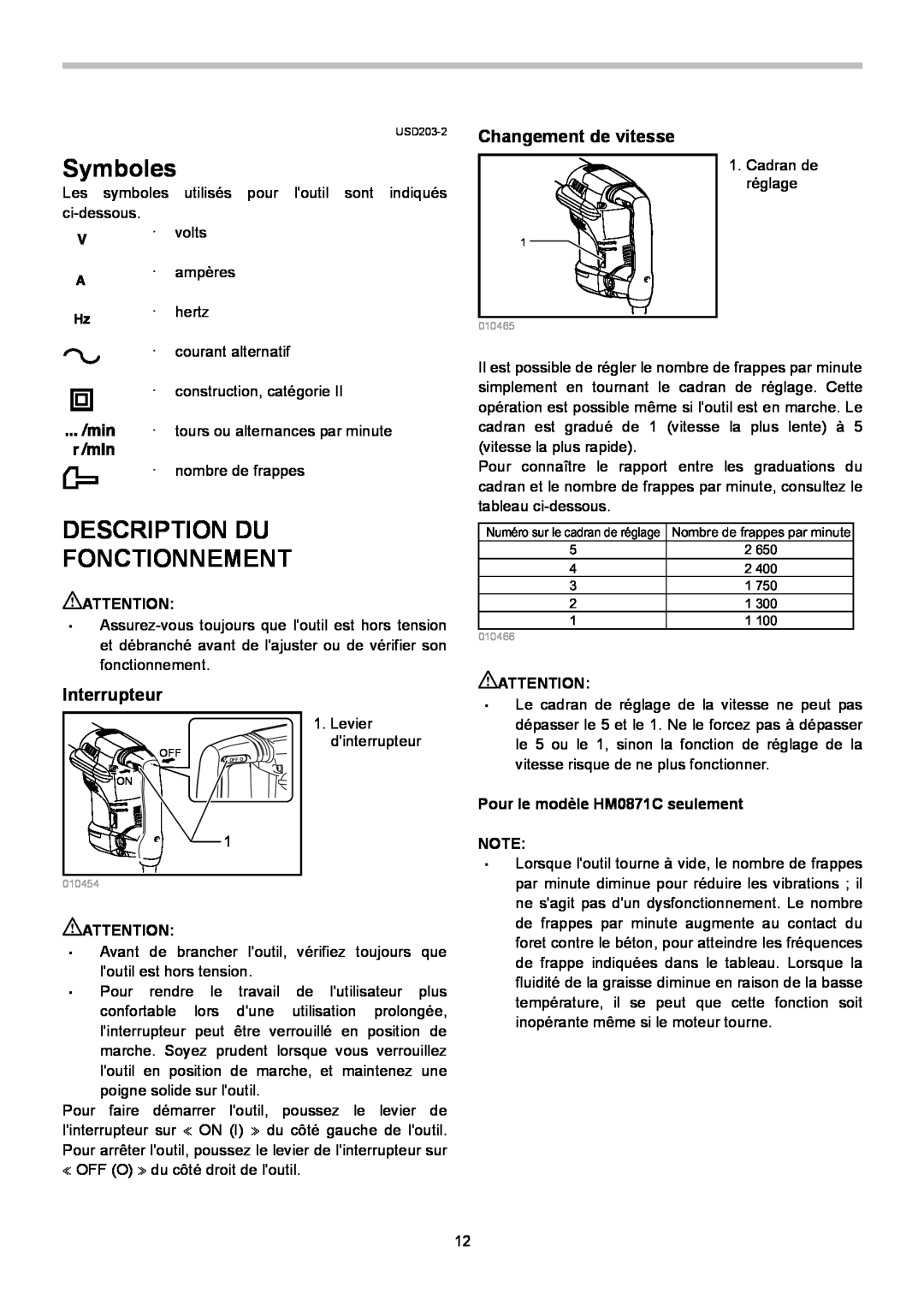 Makita HM0871C, HM0870C instruction manual Symboles, Description Du Fonctionnement, Changement de vitesse, Interrupteur 