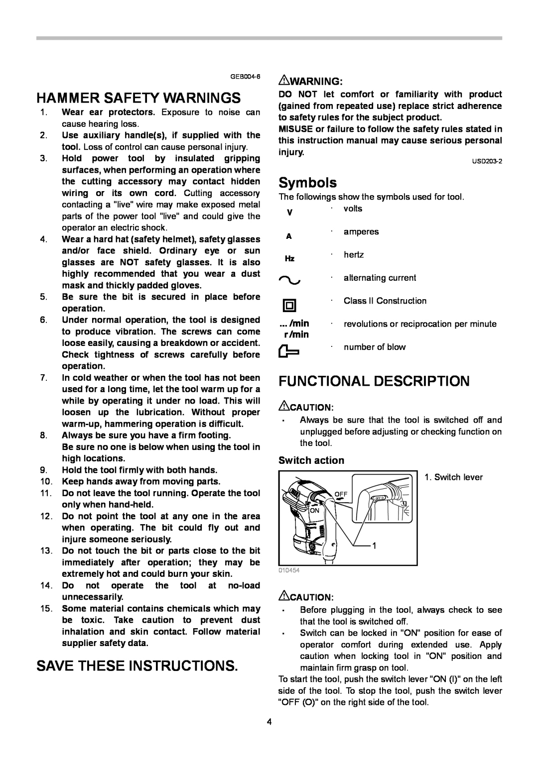 Makita HM0871C, HM0870C Hammer Safety Warnings, Symbols, Functional Description, Save These Instructions, Switch action 