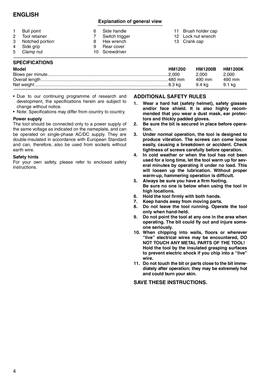 Makita HM1200K, HM1200B instruction manual English, Additional Safety Rules, Explanation of general view 