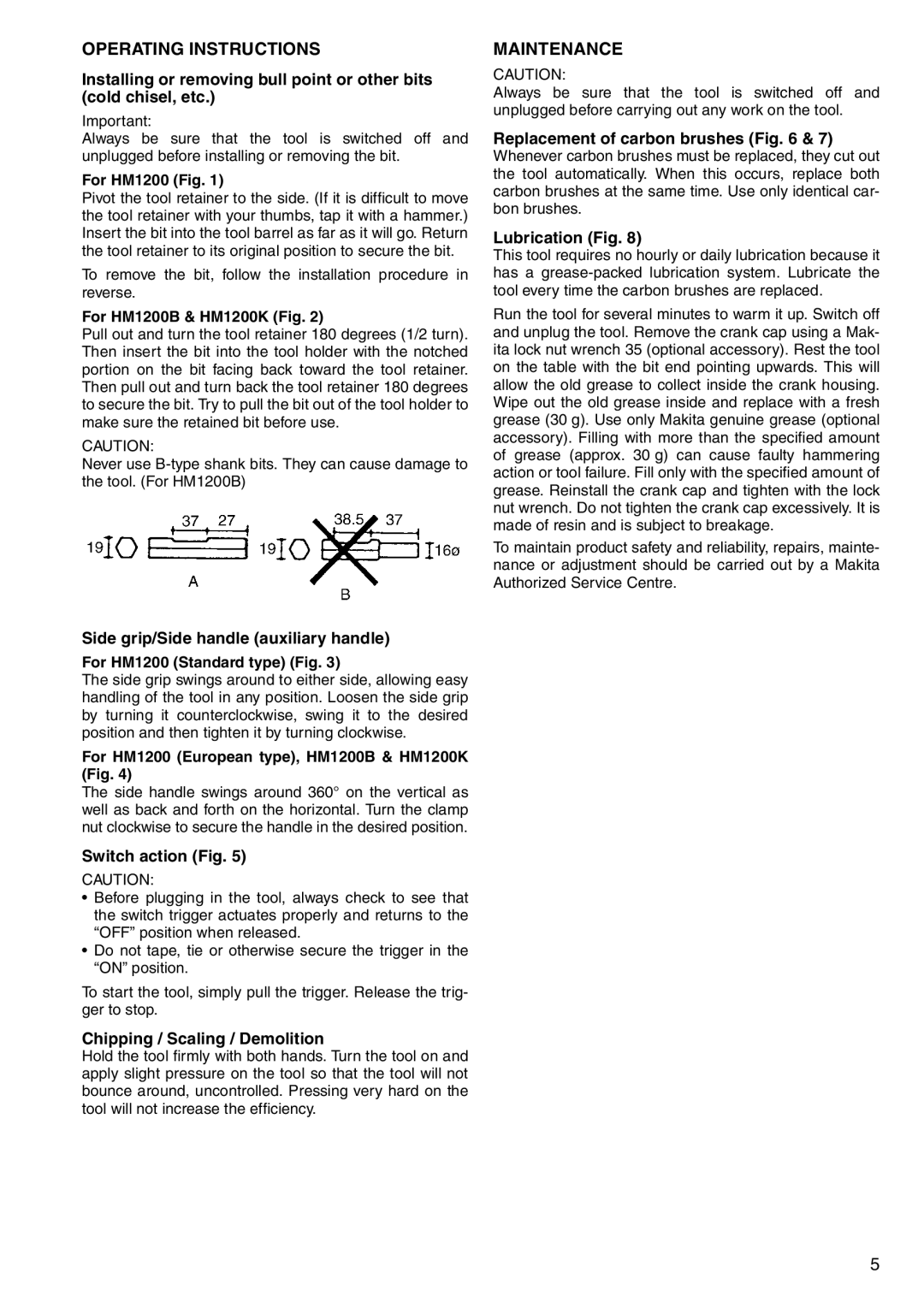 Makita HM1200B, HM1200K instruction manual Operating Instructions, Maintenance 