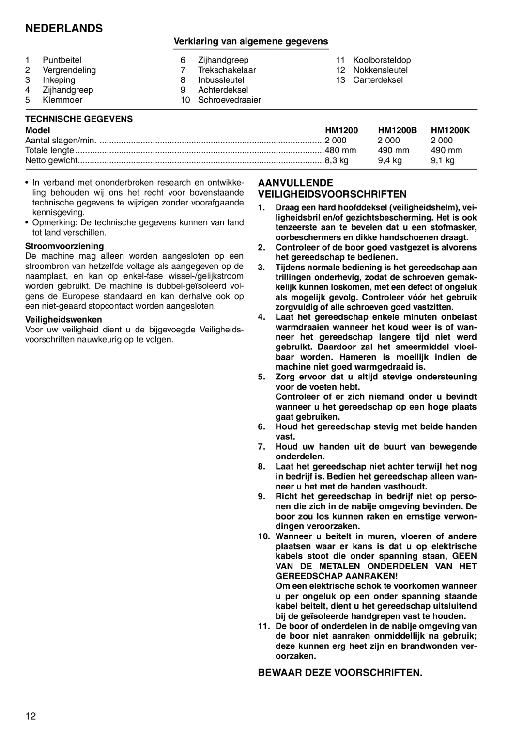 Makita HM1200K, HM1200B instruction manual Nederlands, Aanvullende Veiligheidsvoorschriften, Bewaar Deze Voorschriften 