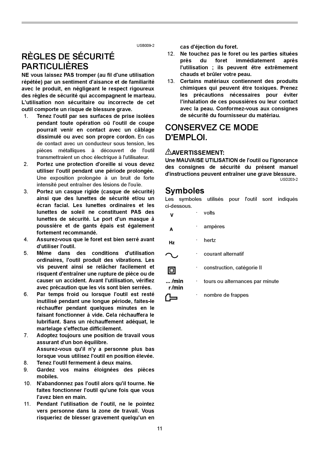 Makita HM1202C instruction manual Règles DE Sécurité Particulières, Symboles, Avertissement 