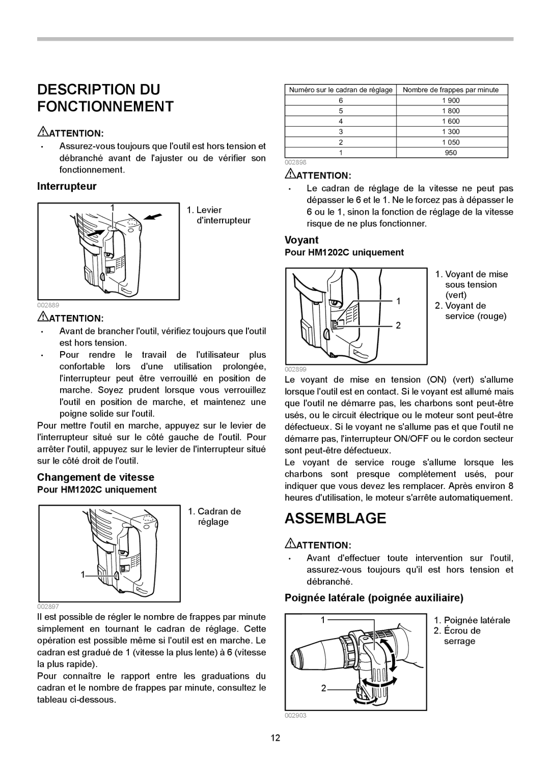 Makita HM1202C instruction manual Description DU Fonctionnement, Assemblage, Interrupteur, Voyant, Changement de vitesse 