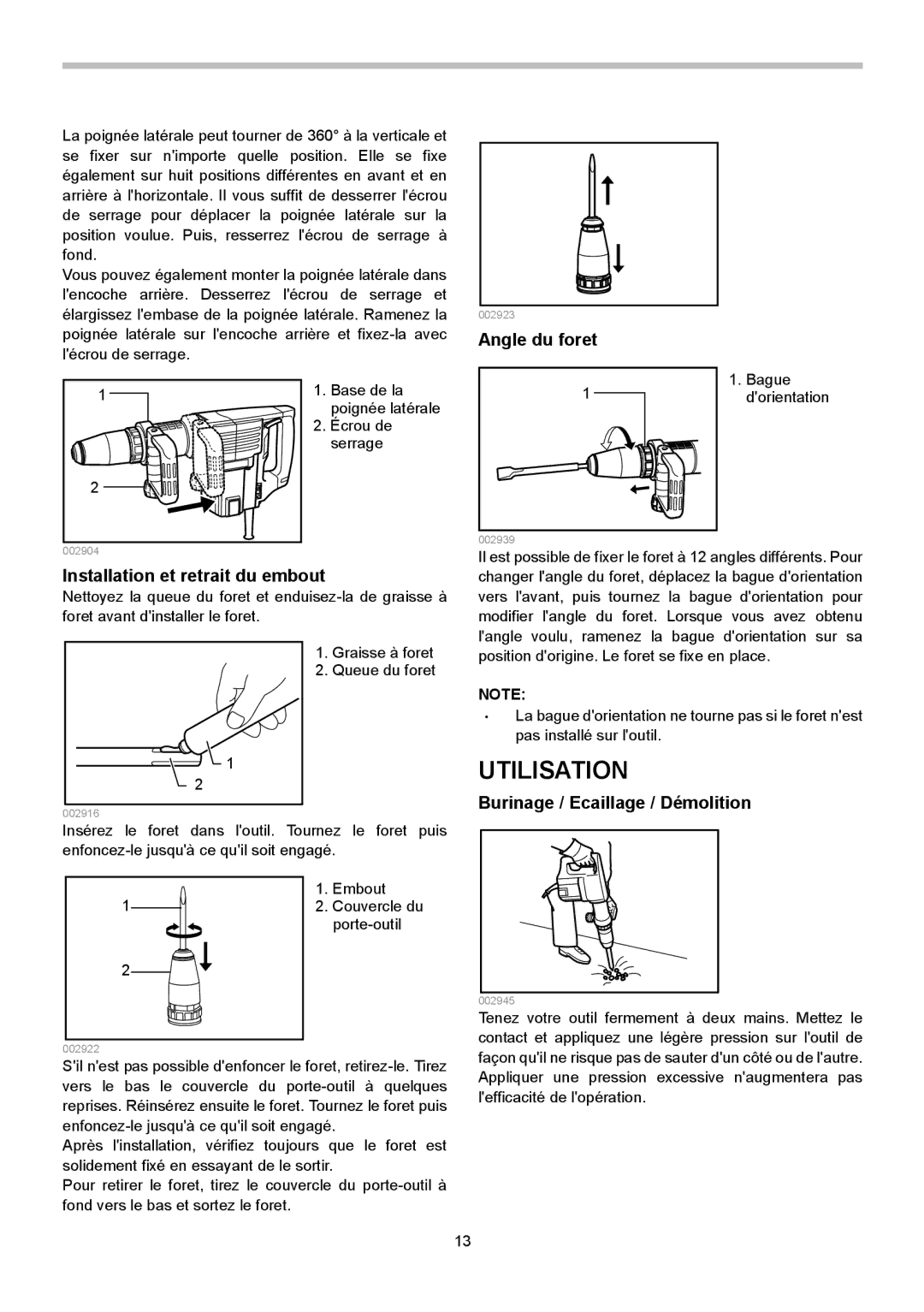 Makita HM1202C Utilisation, Installation et retrait du embout, Angle du foret, Burinage / Ecaillage / Démolition 