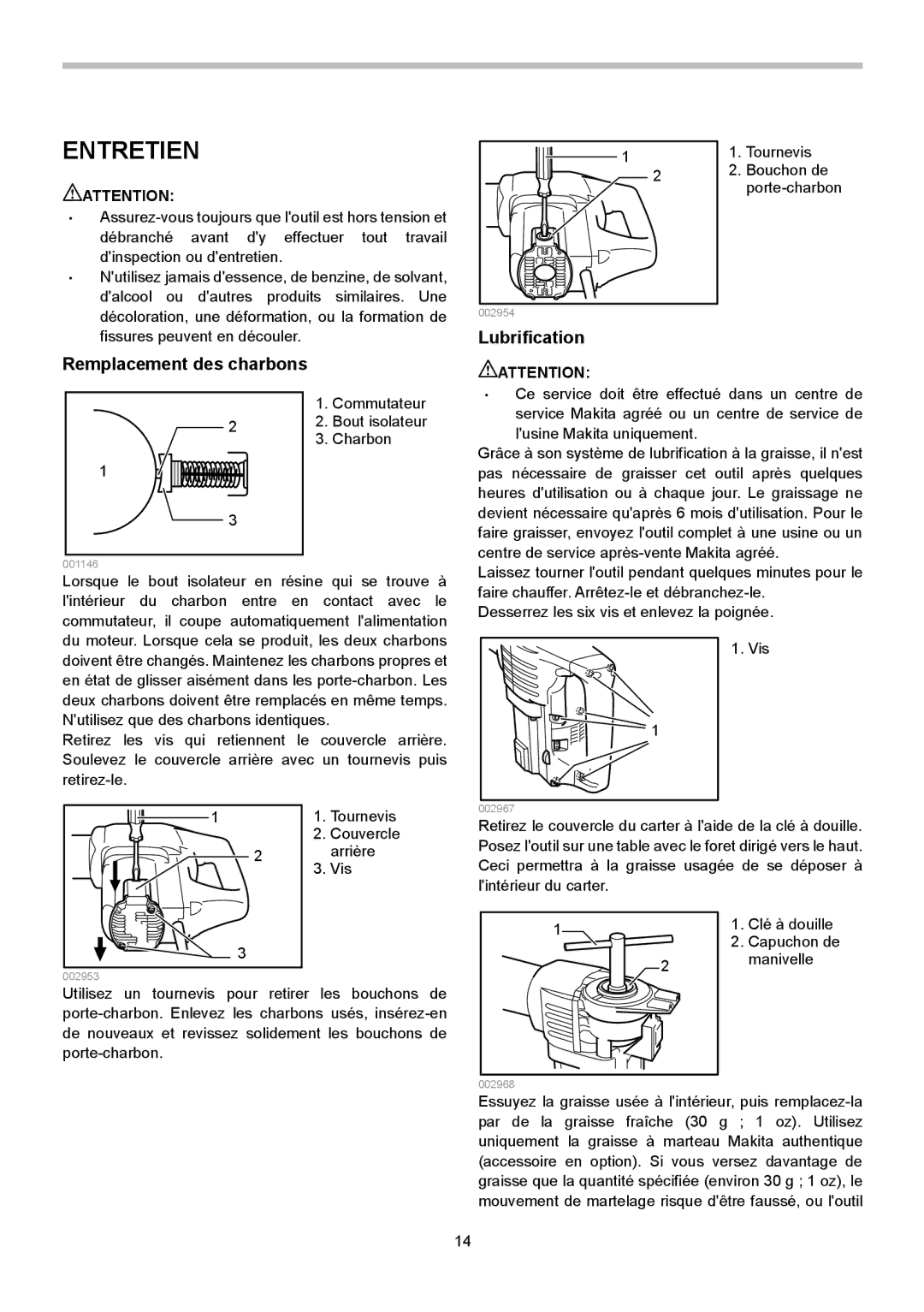 Makita HM1202C instruction manual Entretien, Remplacement des charbons, Lubrification 