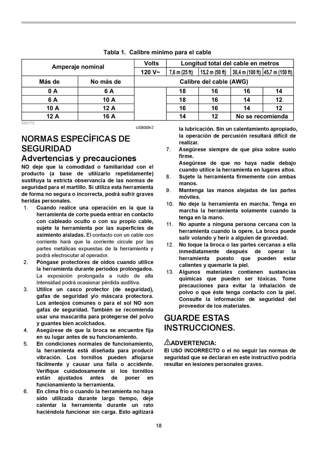 Makita HM1202 Normas Específicas DE Seguridad Advertencias y precauciones, Más de No más de Calibre del cable AWG 10 a 