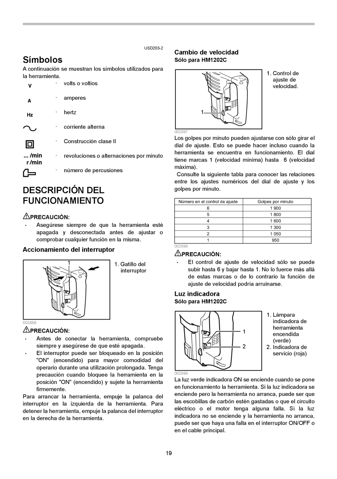 Makita HM1202C Símbolos, Descripción DEL Funcionamiento, Cambio de velocidad, Accionamiento del interruptor 