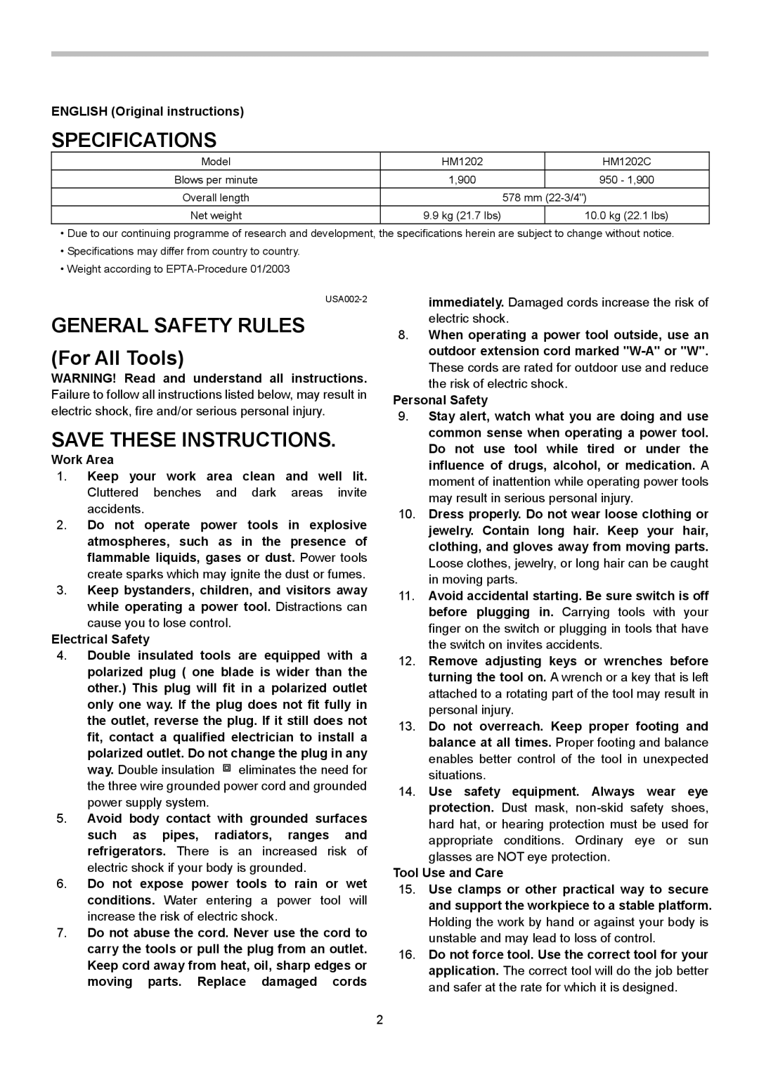 Makita HM1202 Specifications, General Safety Rules For All Tools, English Original instructions, Cause you to lose control 