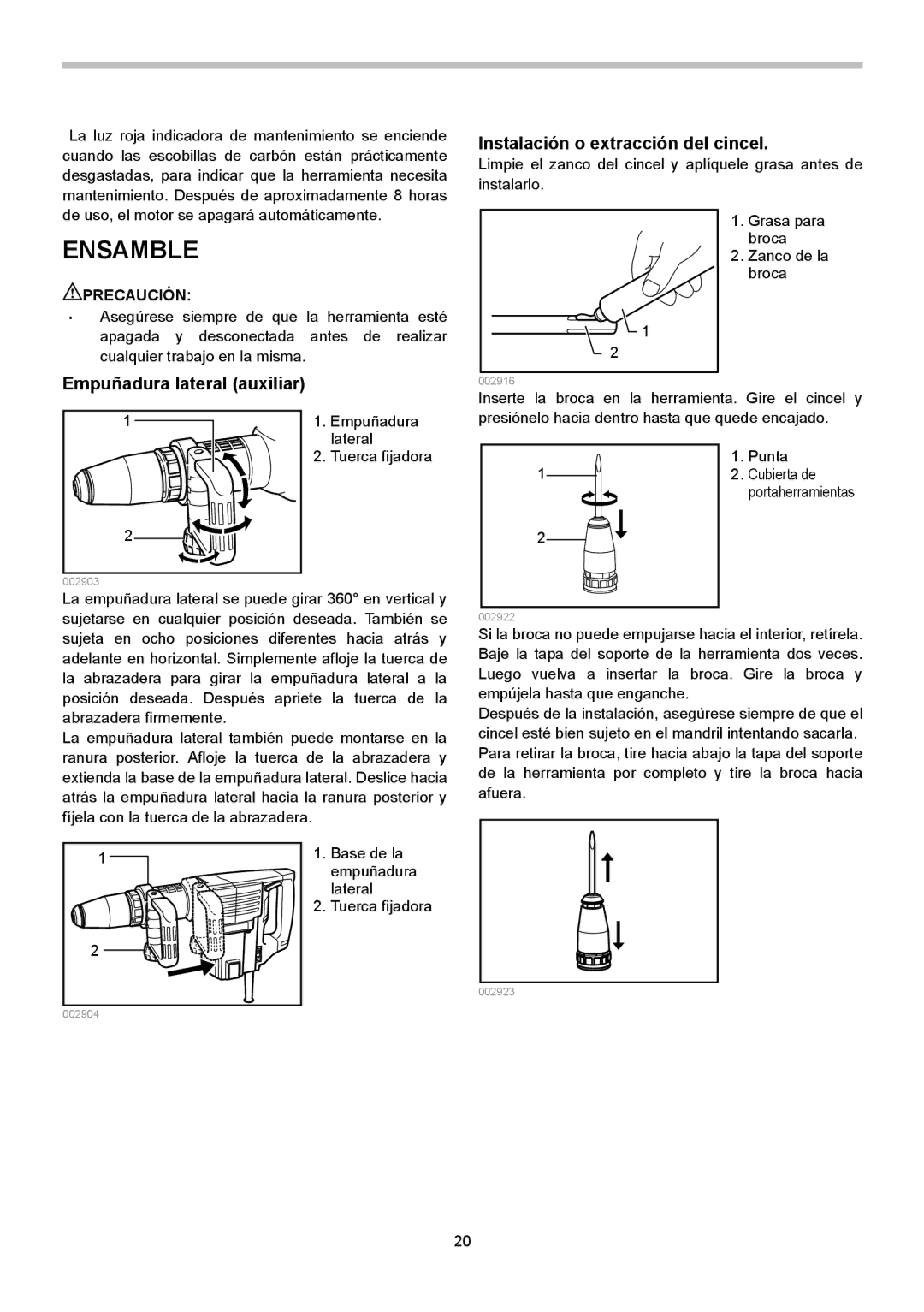 Makita HM1202C instruction manual Ensamble, Empuñadura lateral auxiliar, Instalación o extracción del cincel 