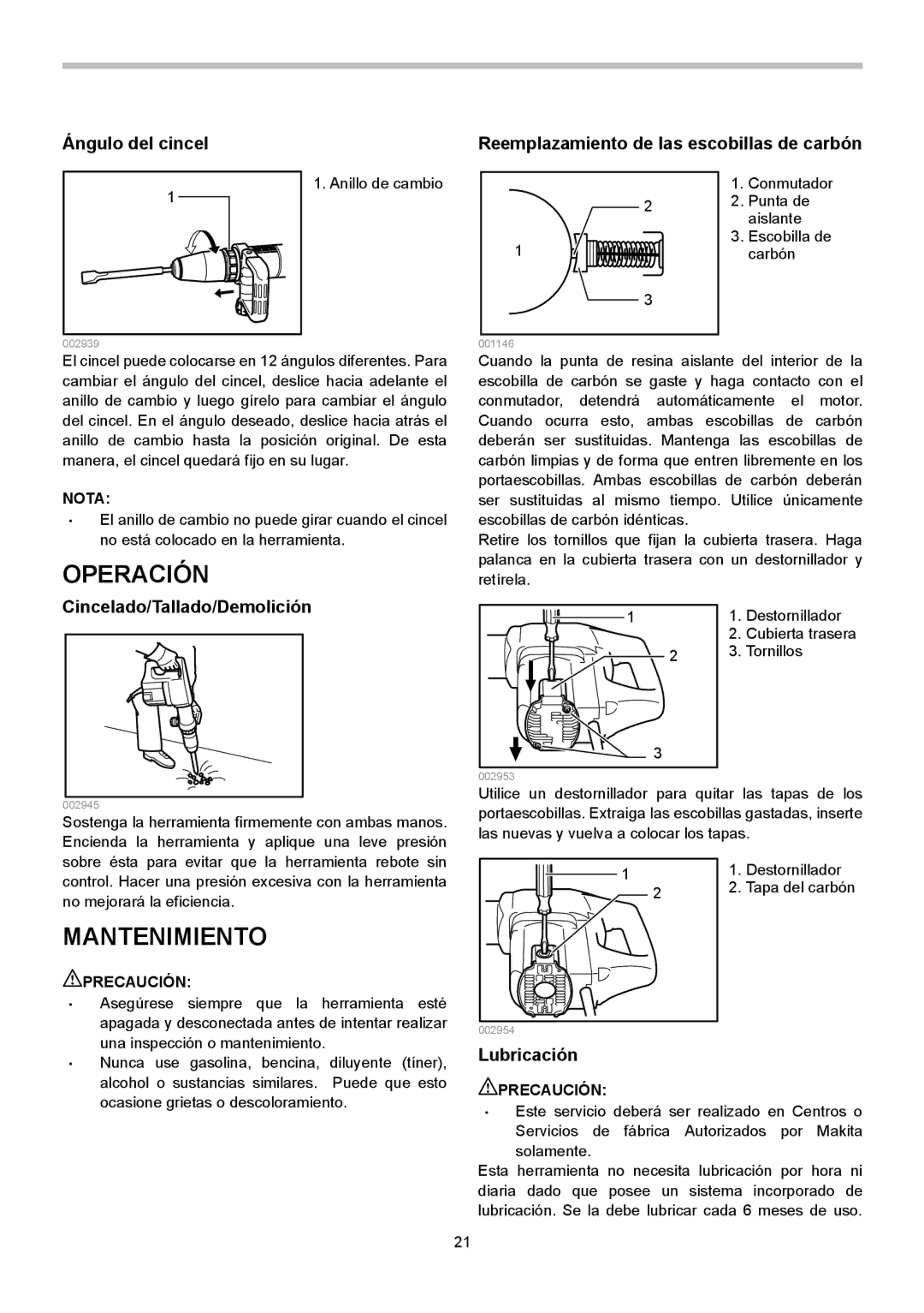 Makita HM1202C instruction manual Operación, Mantenimiento, Cincelado/Tallado/Demolición, Lubricación 