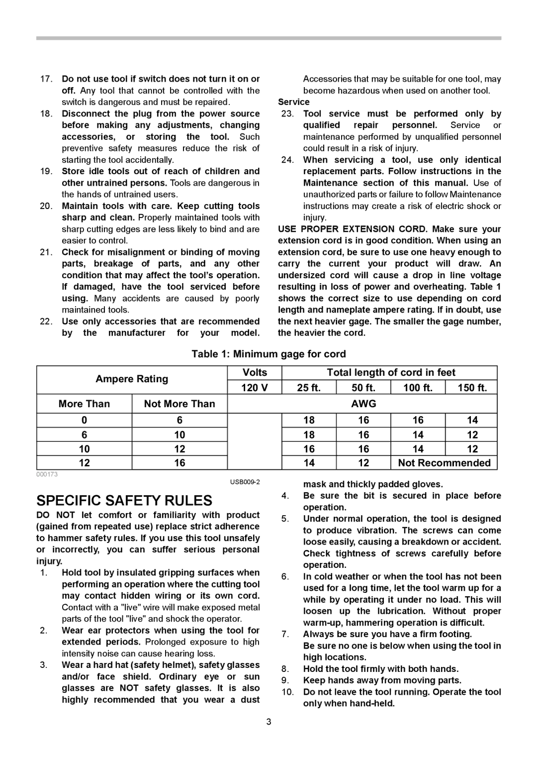 Makita HM1202C instruction manual Specific Safety Rules, Minimum gage for cord Ampere Rating Volts, Awg 