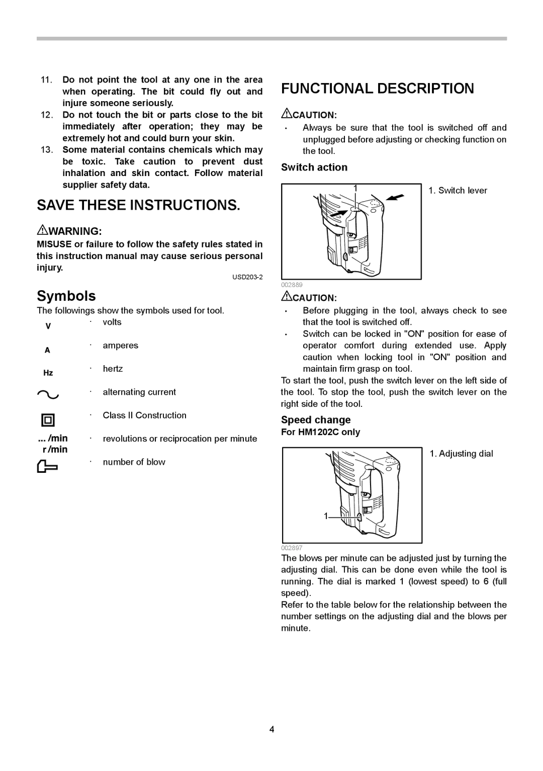 Makita instruction manual Symbols, Functional Description, Switch action, Speed change, For HM1202C only 