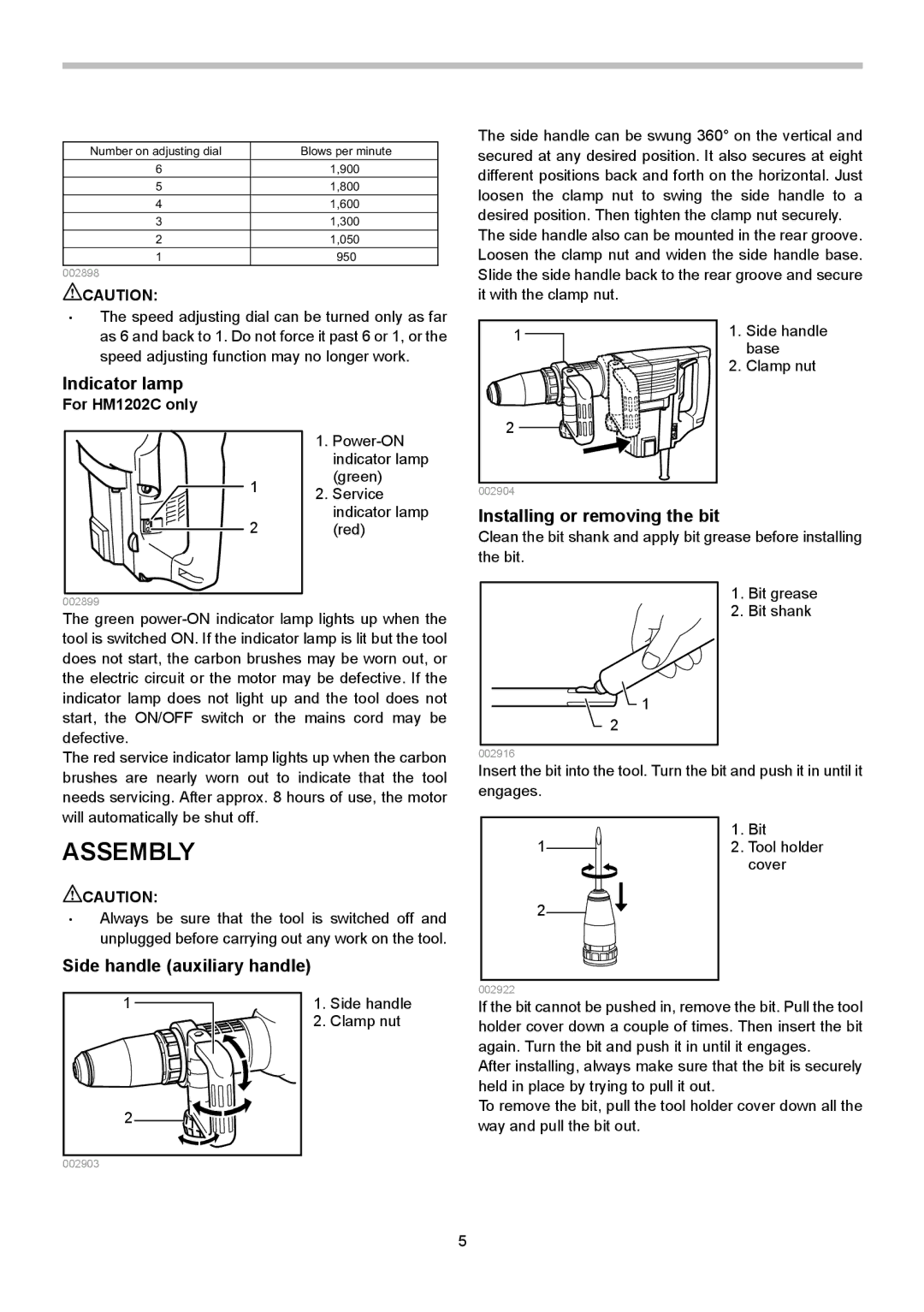 Makita HM1202C instruction manual Assembly, Indicator lamp, Installing or removing the bit, Side handle auxiliary handle 