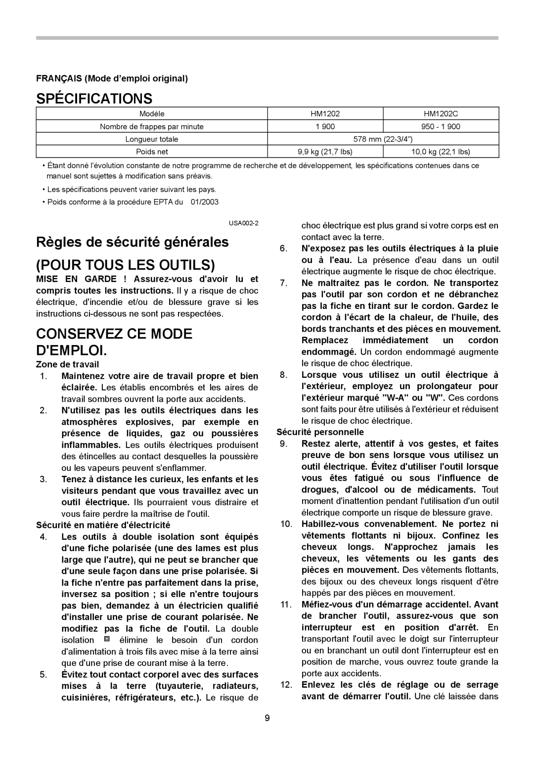 Makita HM1202C Spécifications, Règles de sécurité générales, Pour Tous LES Outils, Conservez CE Mode Demploi 