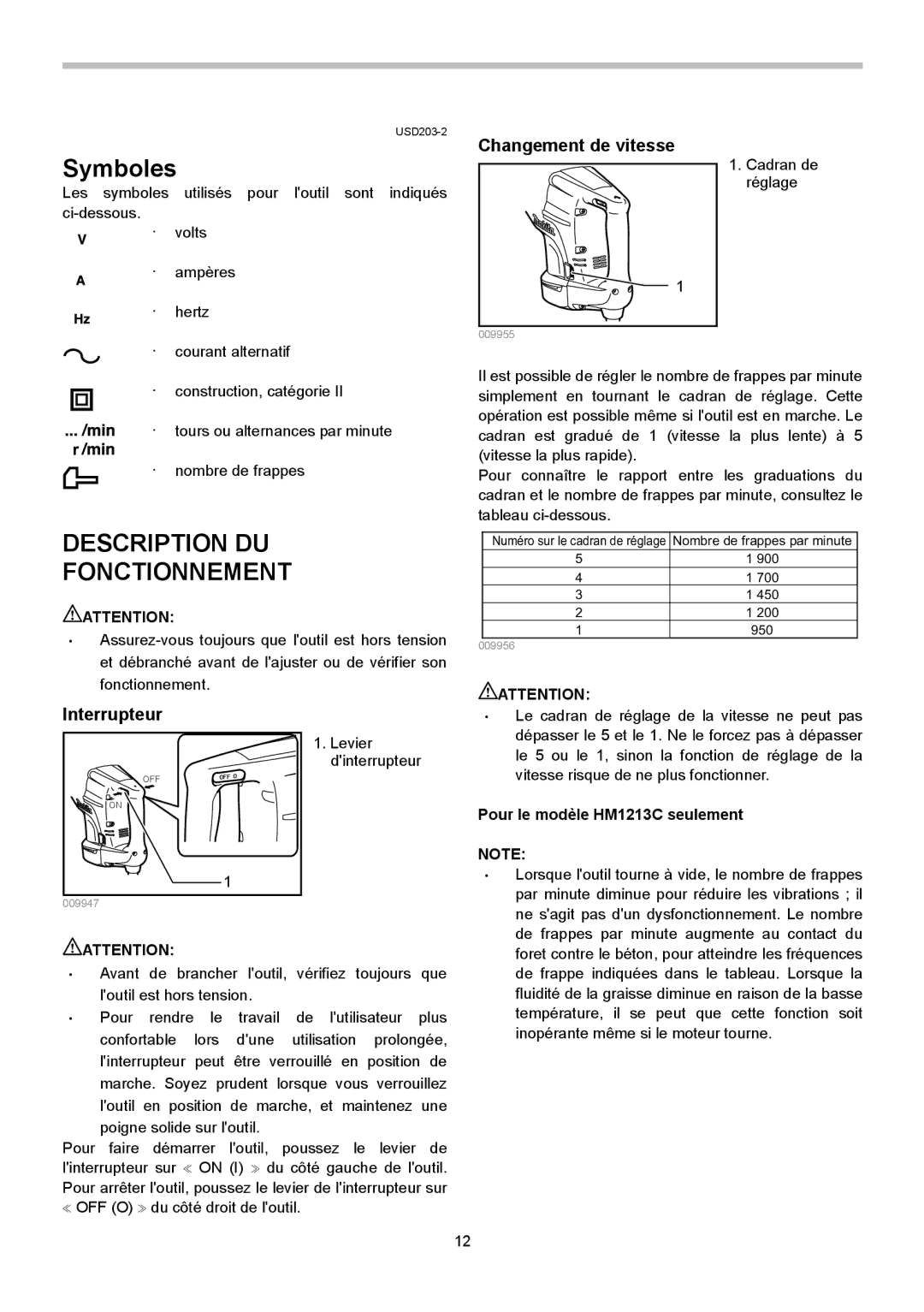 Makita HM1203C Description DU Fonctionnement, Changement de vitesse, Interrupteur, Pour le modèle HM1213C seulement 