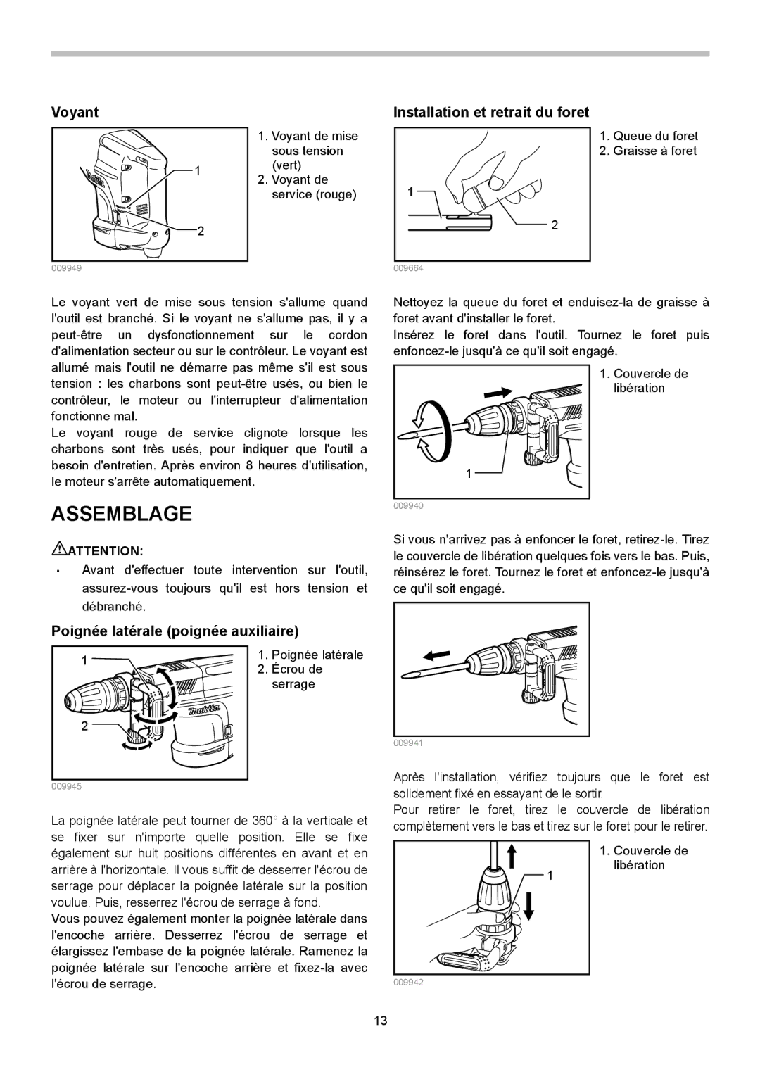 Makita HM1203C, HM1213C instruction manual Assemblage, Voyant, Poignée latérale poignée auxiliaire 