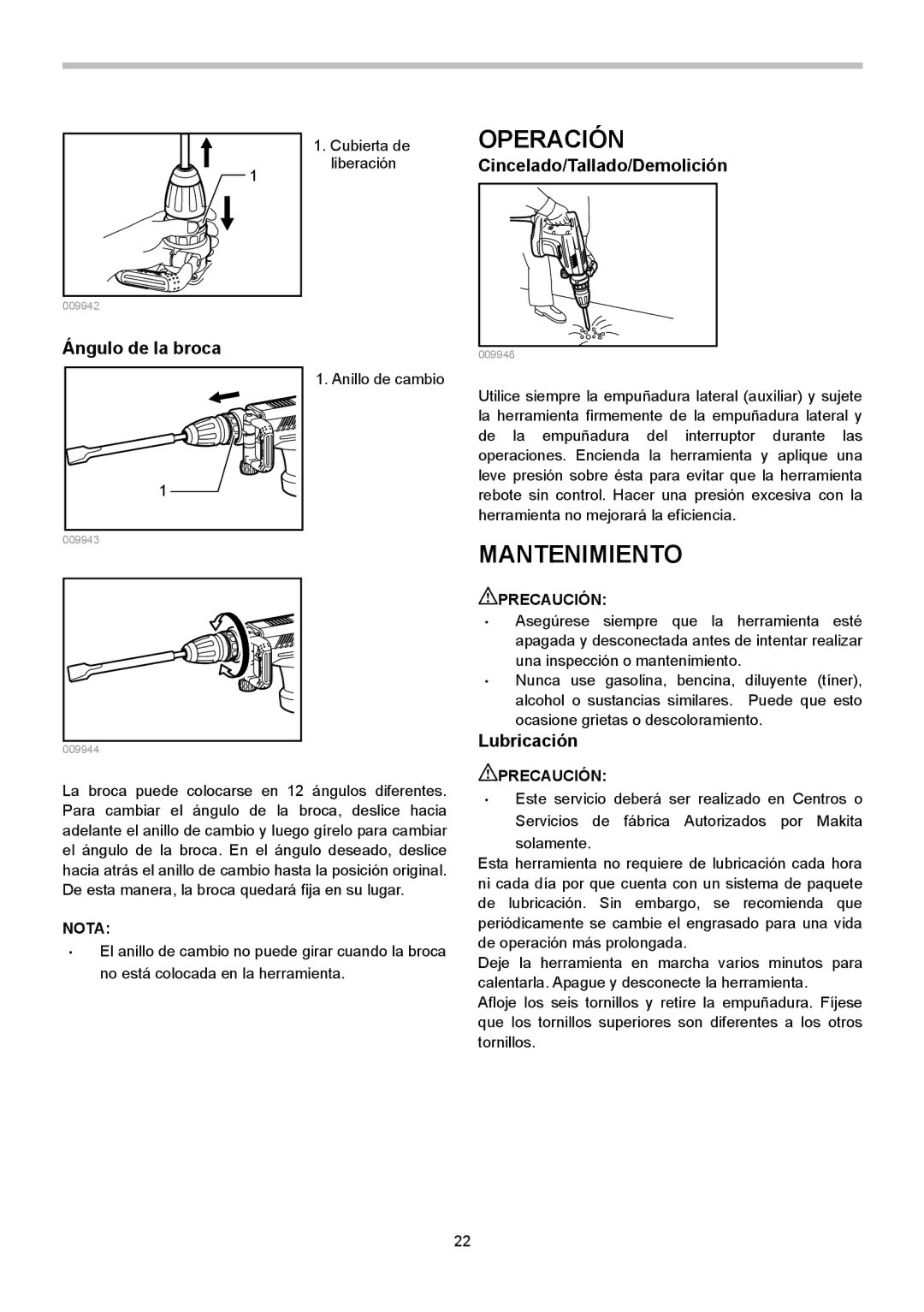 Makita HM1213C, HM1203C instruction manual Operación, Mantenimiento, Ángulo de la broca, Lubricación 