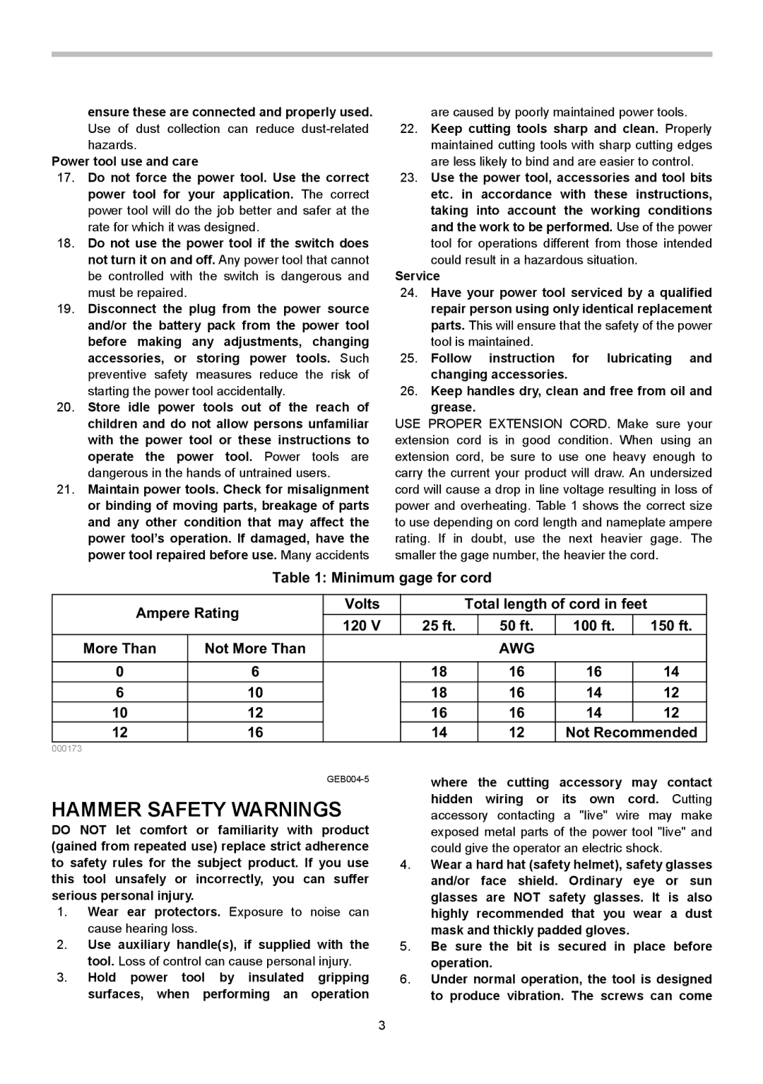 Makita HM1203C, HM1213C instruction manual Hammer Safety Warnings, Minimum gage for cord Ampere Rating Volts 