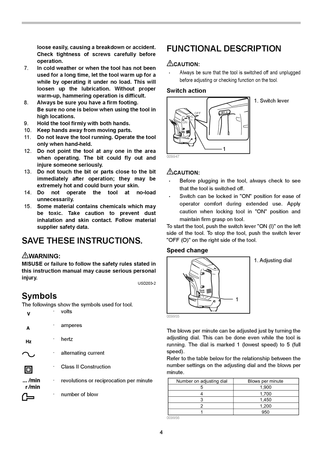 Makita HM1213C, HM1203C instruction manual Functional Description, Switch action, Speed change 