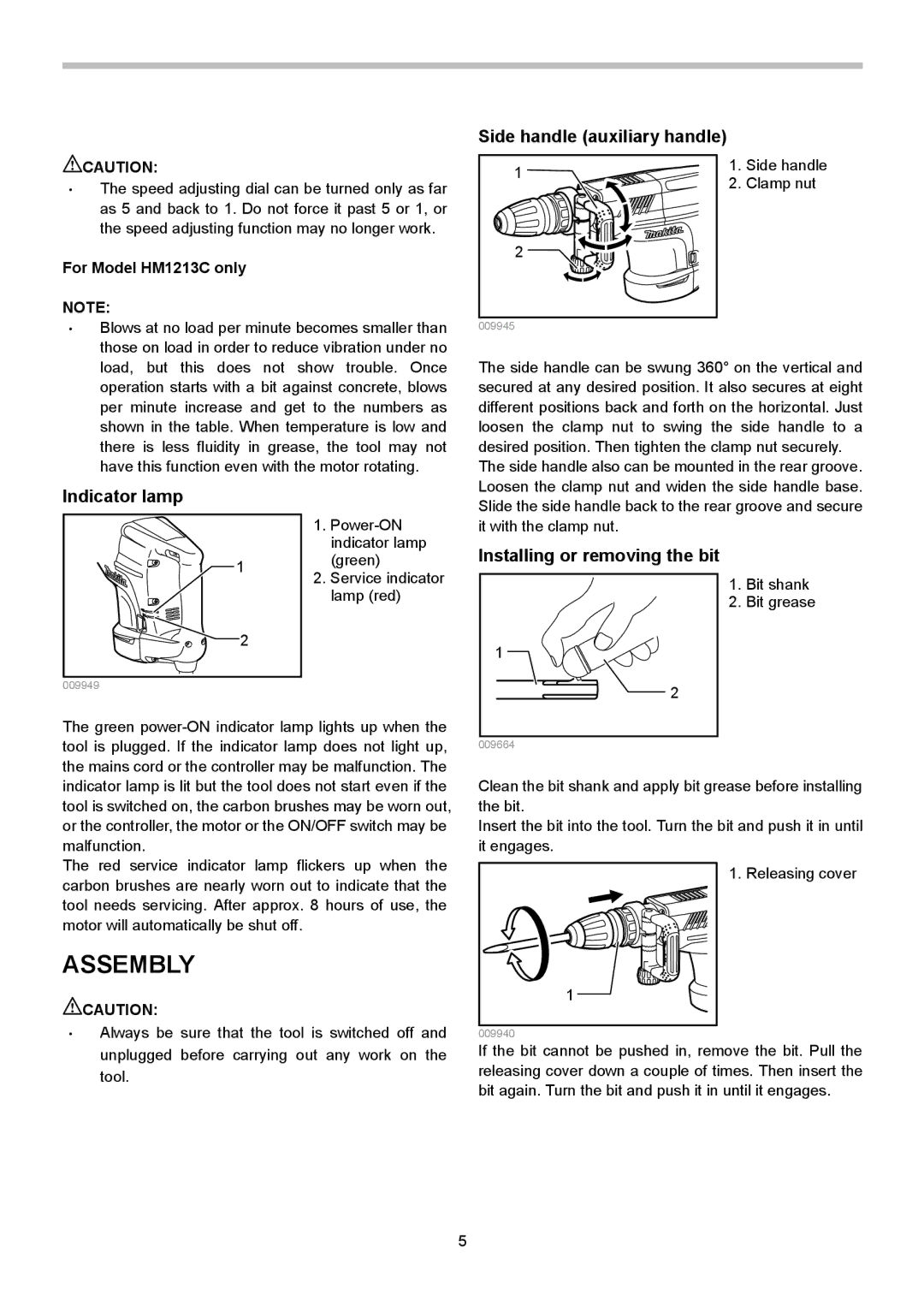 Makita HM1203C instruction manual Assembly, Indicator lamp, Installing or removing the bit, For Model HM1213C only 