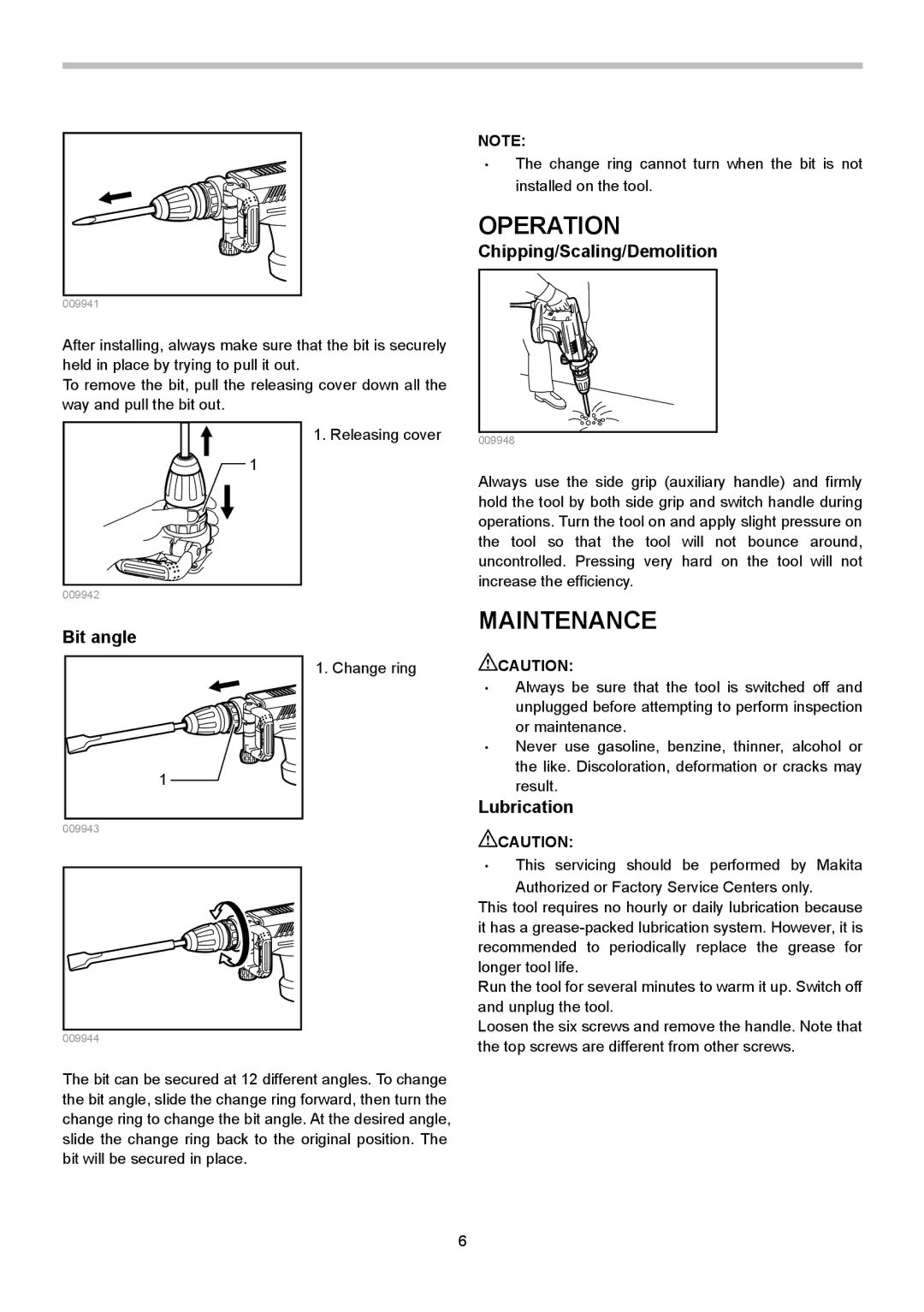 Makita HM1213C, HM1203C instruction manual Operation, Maintenance, Chipping/Scaling/Demolition, Bit angle, Lubrication 