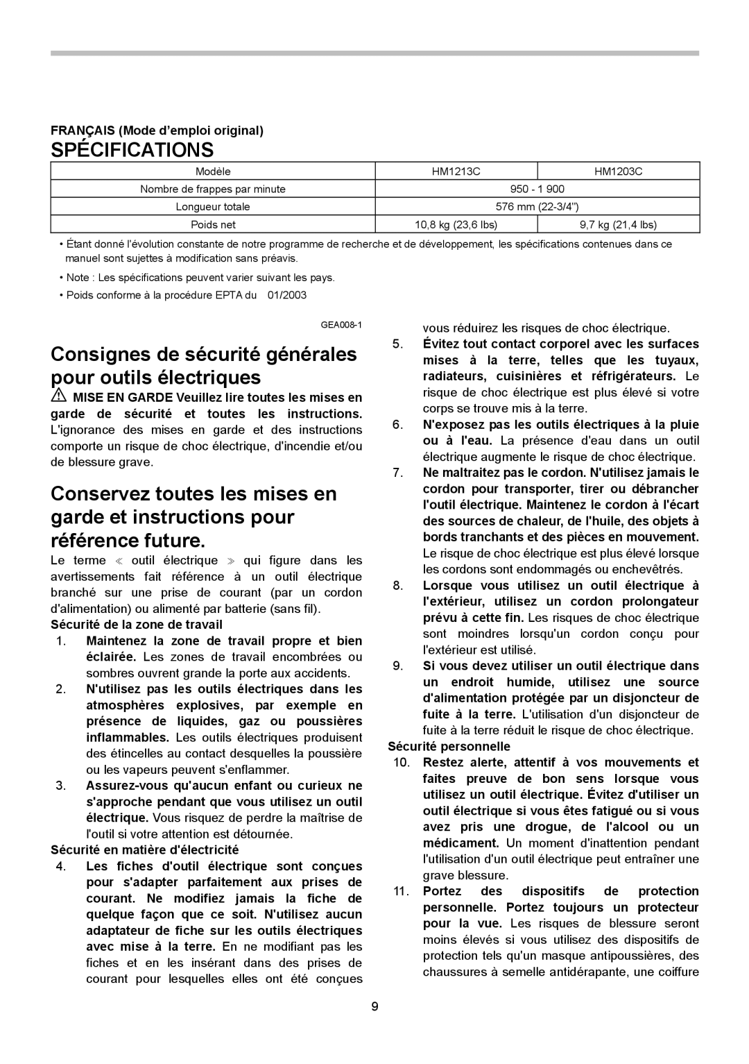 Makita HM1203C, HM1213C instruction manual Spécifications, Français Mode d’emploi original 