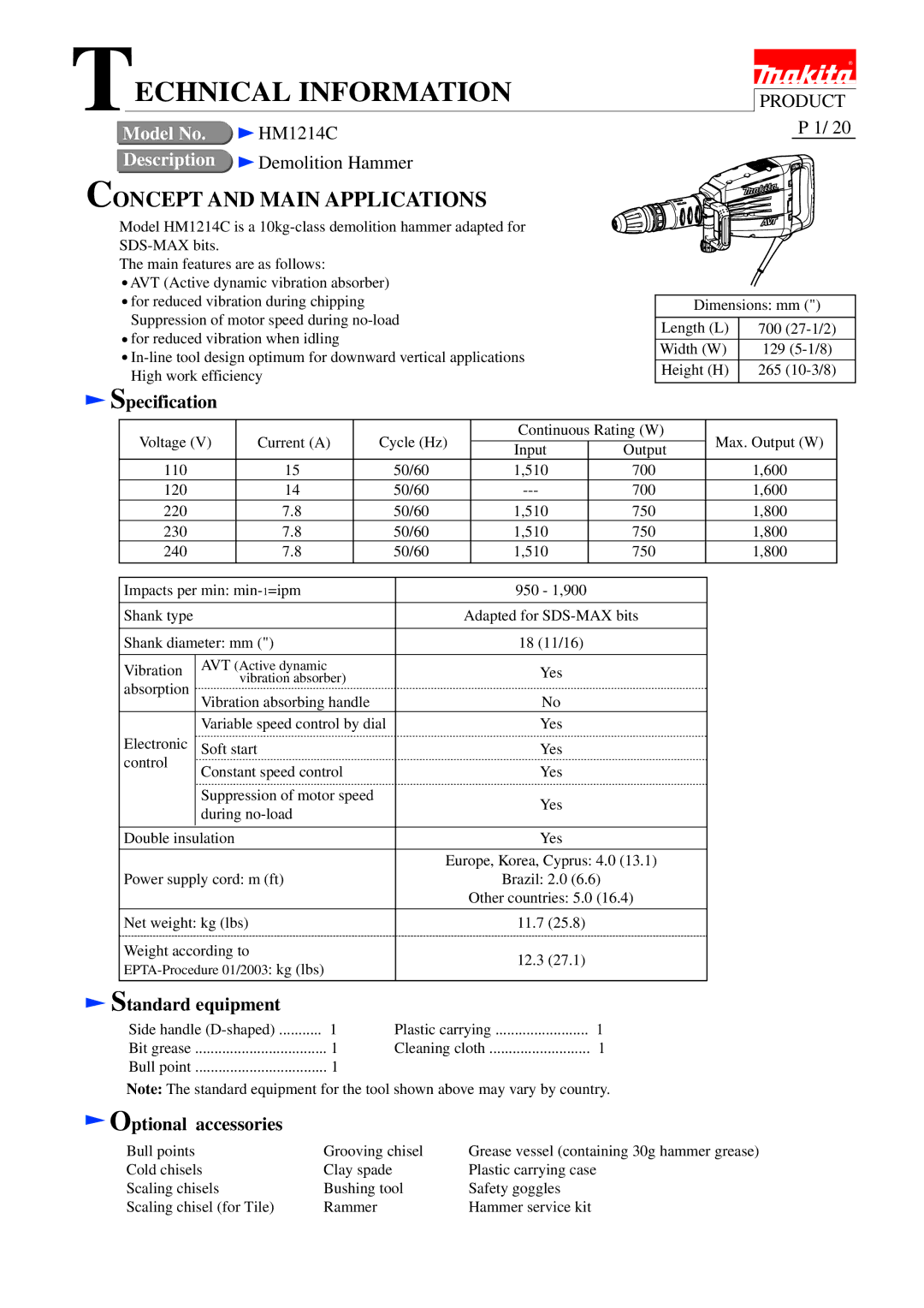 Makita HM1214C dimensions Specification, Standard equipment, Optional accessories 