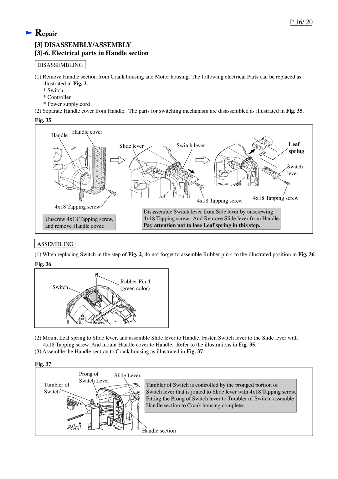 Makita HM1214C Electrical parts in Handle section, Spring, Pay attention not to lose Leaf spring in this step 