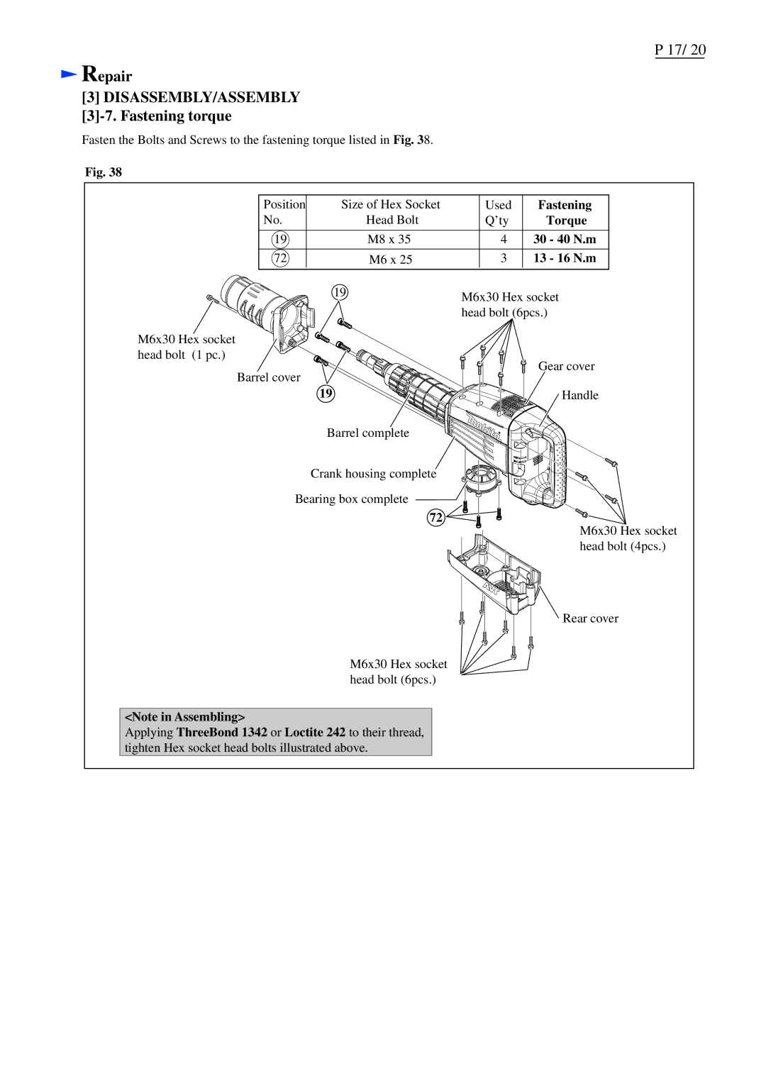 Makita HM1214C dimensions Fastening torque, Torque, 30 40 N.m, 13 16 N.m 