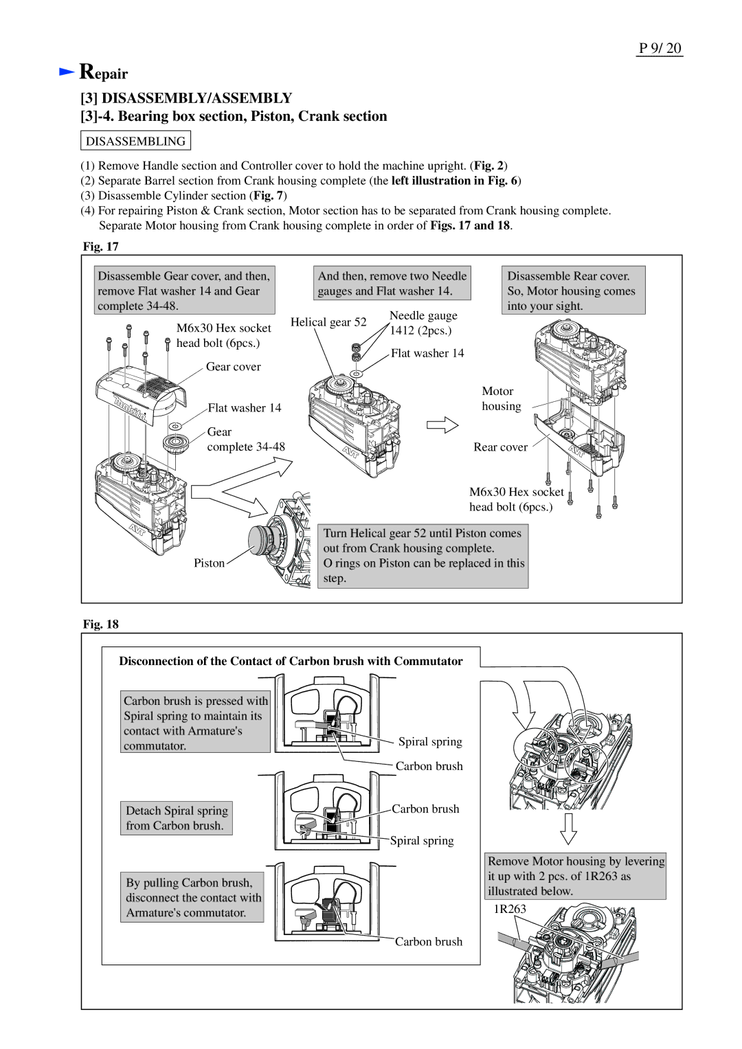 Makita HM1214C Bearing box section, Piston, Crank section, Disconnection of the Contact of Carbon brush with Commutator 