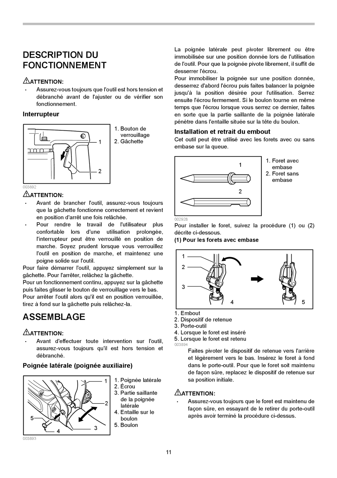 Makita HM1304B Description DU Fonctionnement, Assemblage, Interrupteur, Installation et retrait du embout 