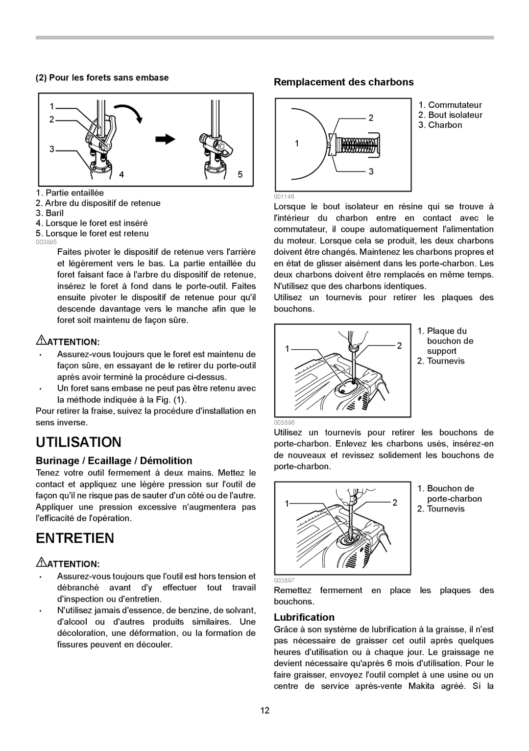 Makita HM1304B Utilisation, Entretien, Remplacement des charbons, Burinage / Ecaillage / Démolition, Lubrification 