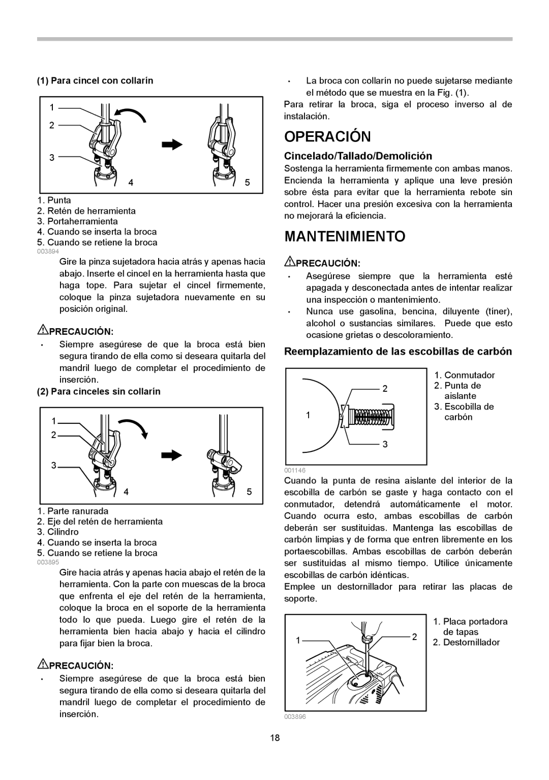 Makita HM1304B Operación, Mantenimiento, Cincelado/Tallado/Demolición, Reemplazamiento de las escobillas de carbón 