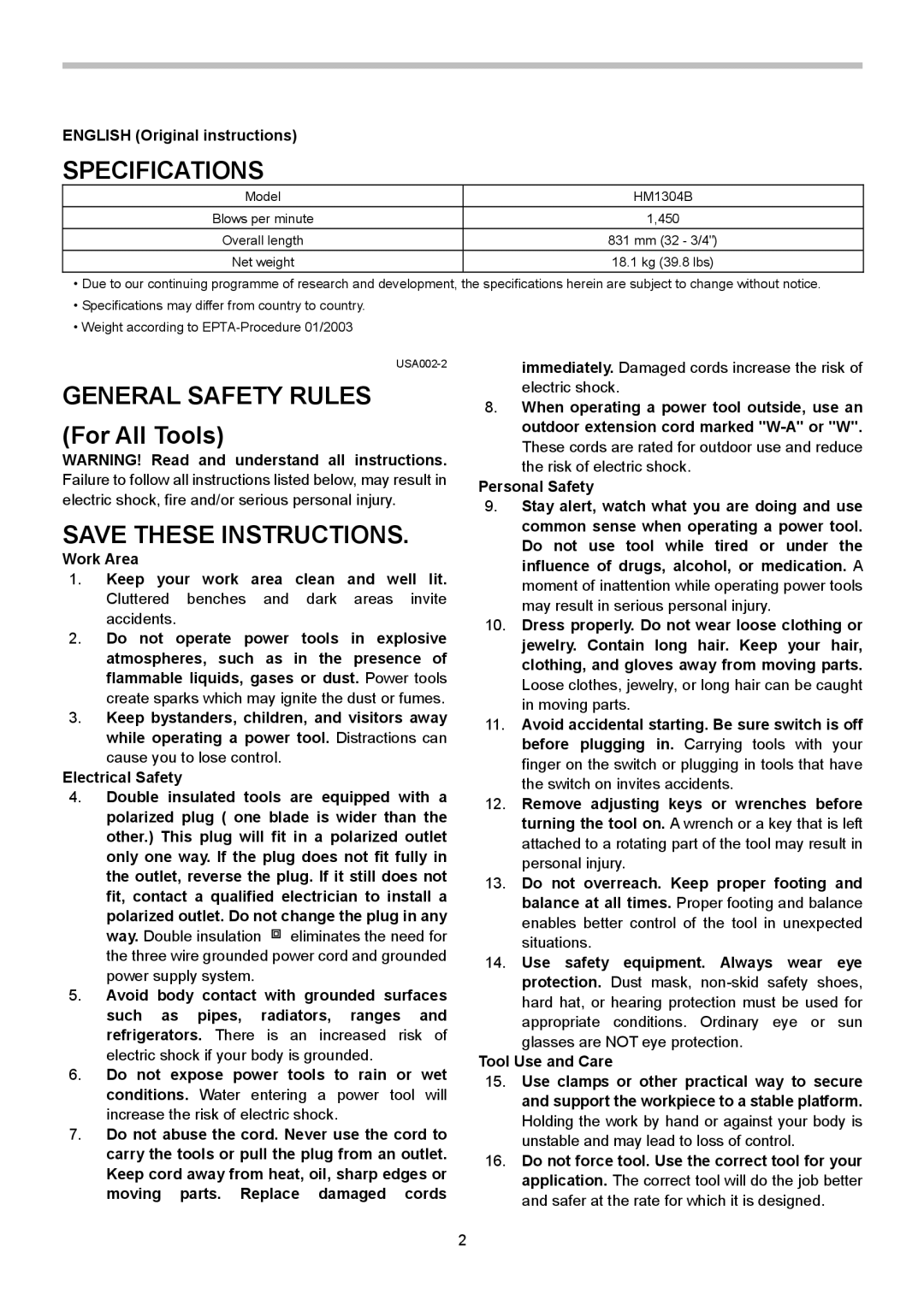 Makita HM1304B Specifications, General Safety Rules For All Tools, English Original instructions, Tool Use and Care 