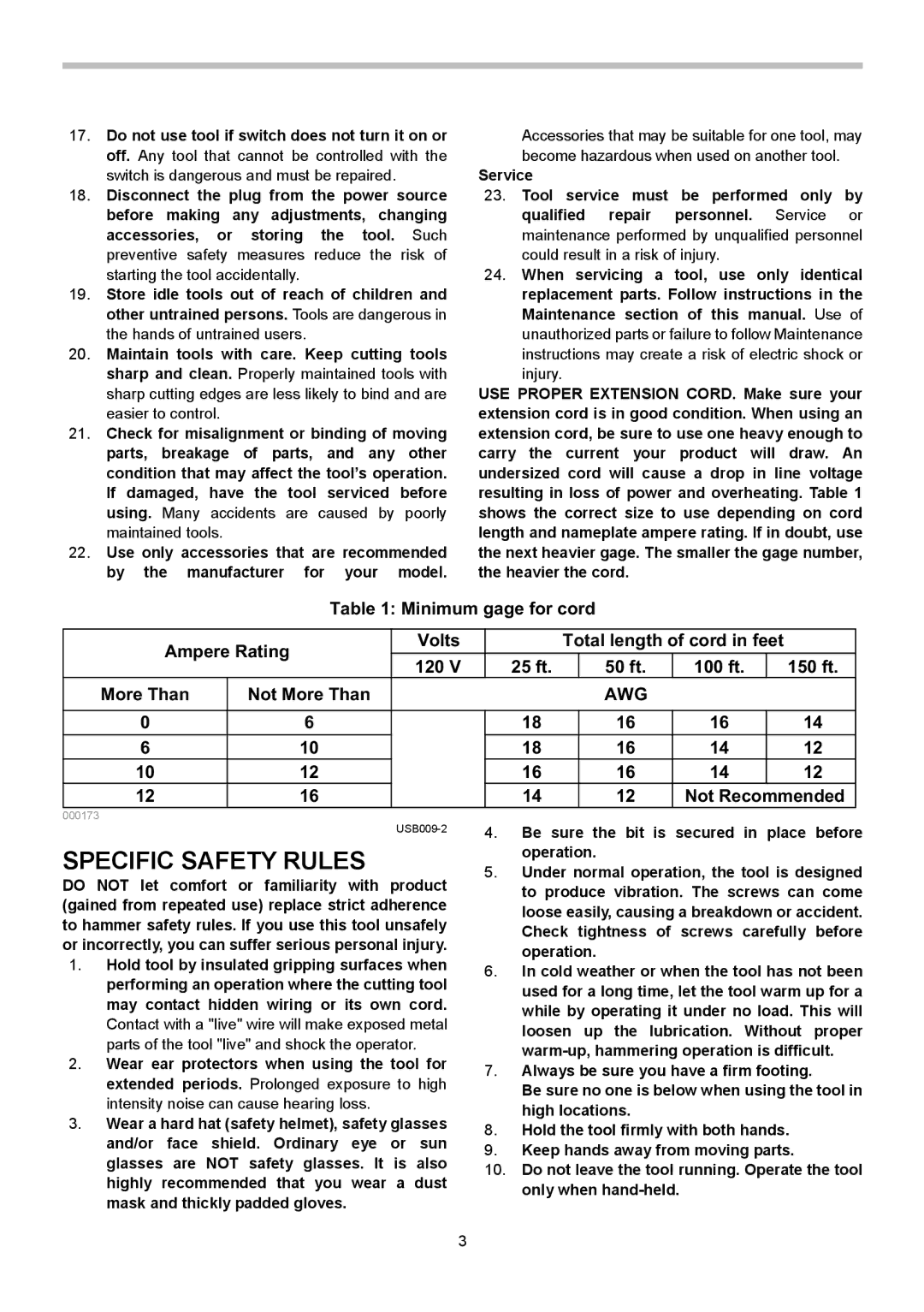 Makita HM1304B instruction manual Specific Safety Rules, Minimum gage for cord Ampere Rating Volts, Awg 