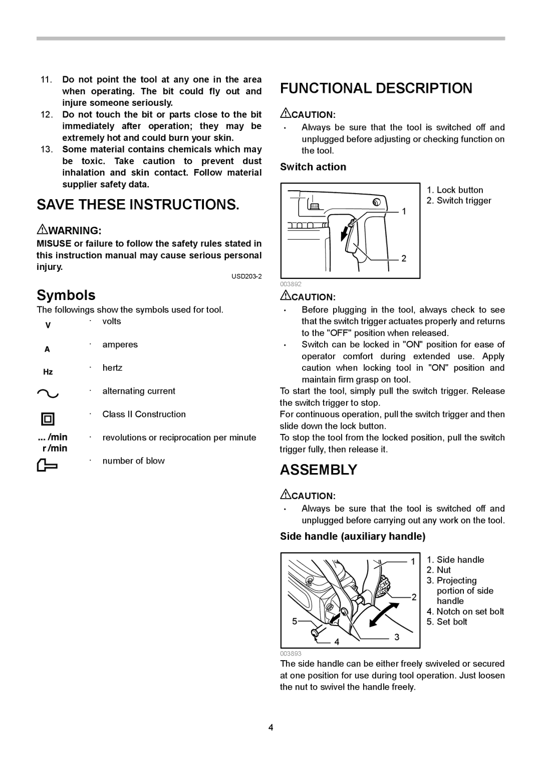 Makita HM1304B instruction manual Functional Description, Symbols, Assembly, Switch action, Side handle auxiliary handle 