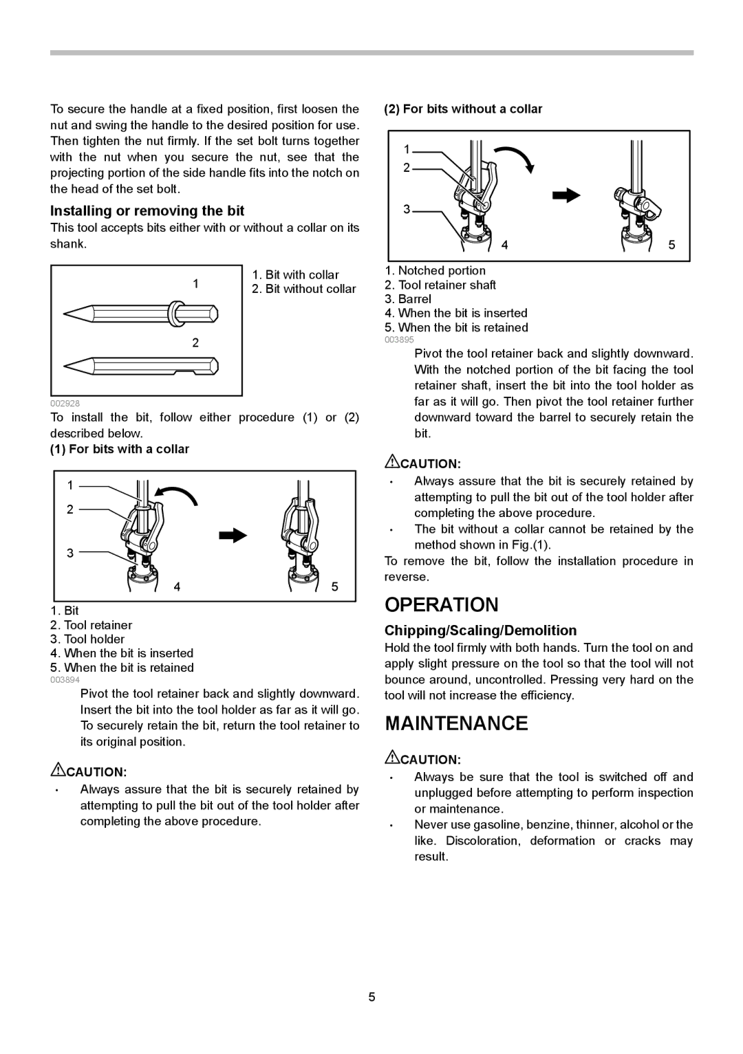 Makita HM1304B instruction manual Operation, Maintenance, Installing or removing the bit, Chipping/Scaling/Demolition 