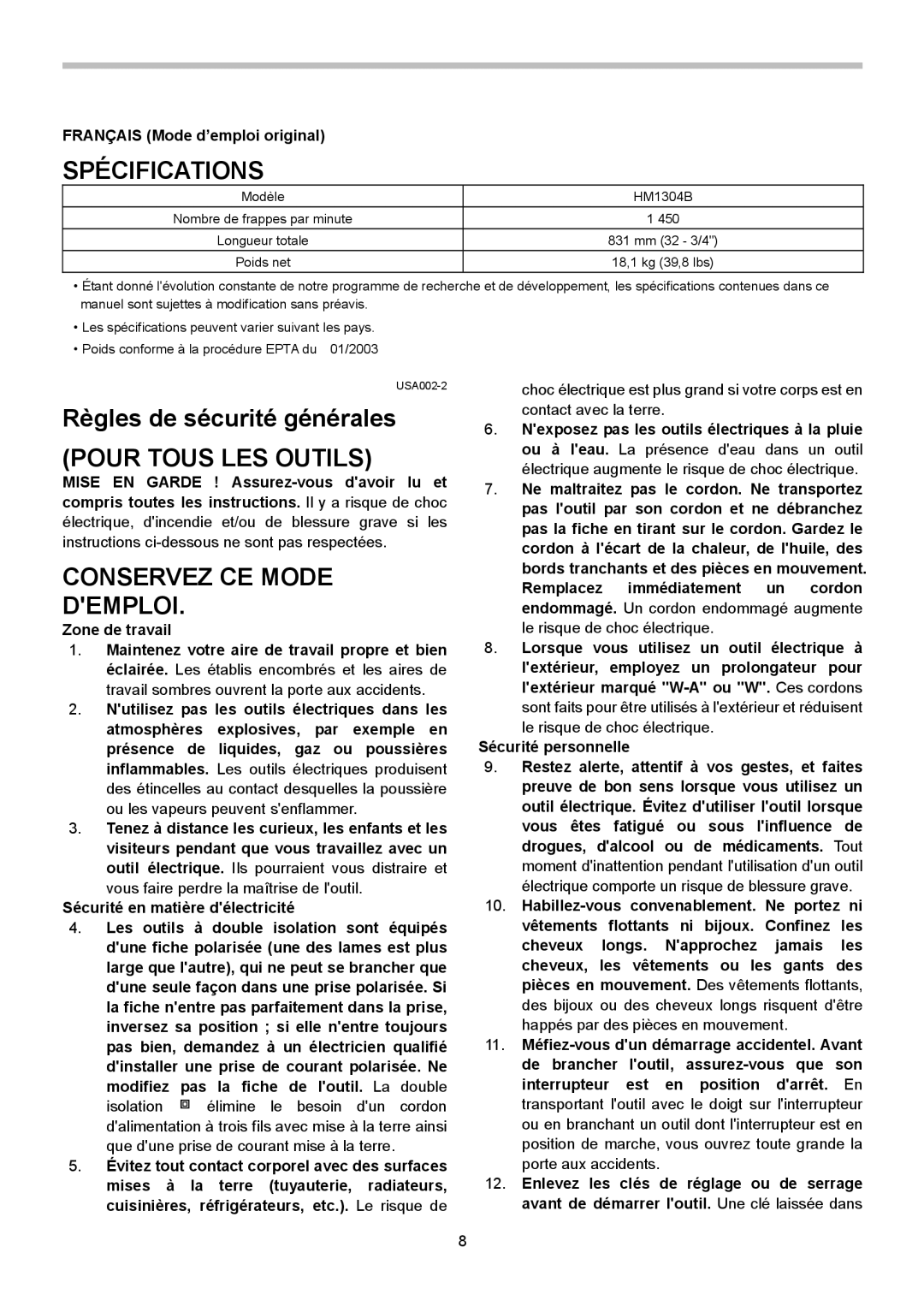 Makita HM1304B Spécifications, Règles de sécurité générales, Pour Tous LES Outils, Conservez CE Mode Demploi 