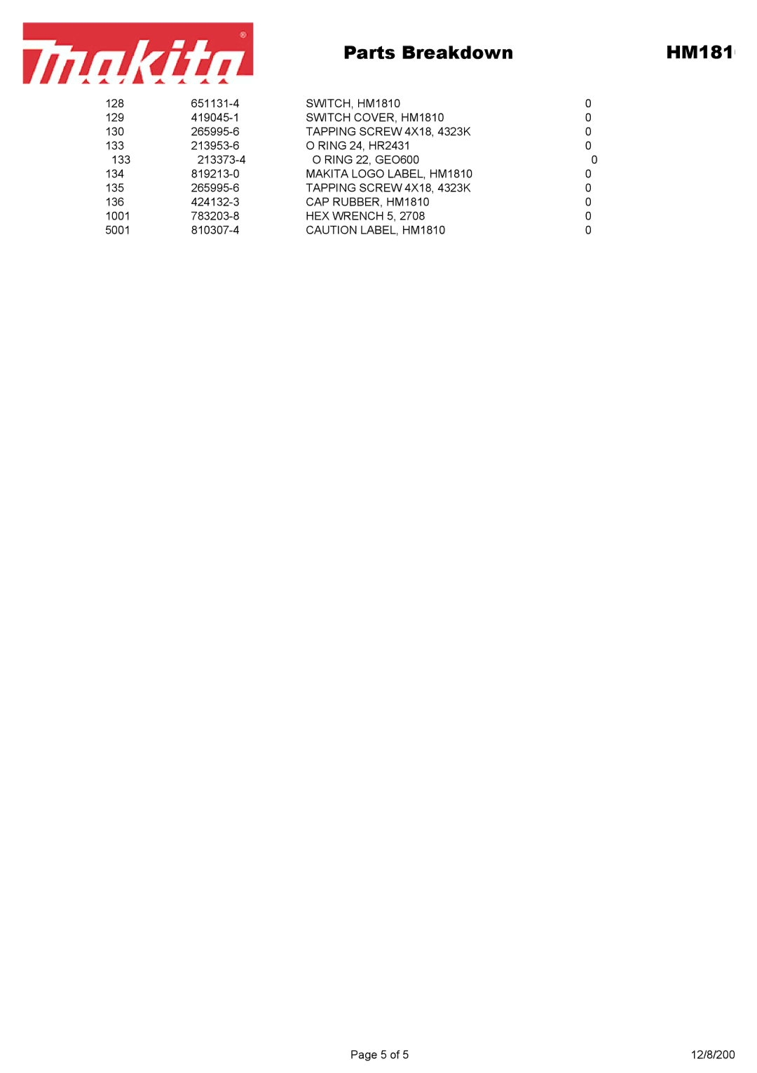 Makita manual Parts Breakdown HM181 