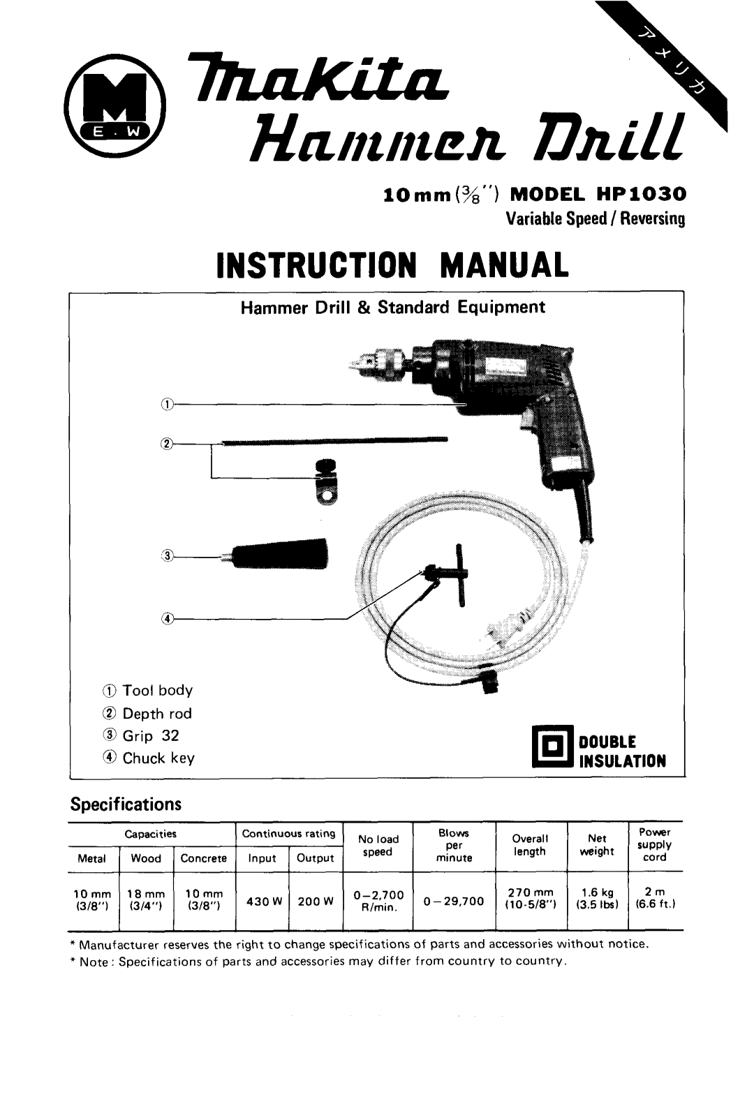 Makita HP1030 instruction manual Double, Insulation 