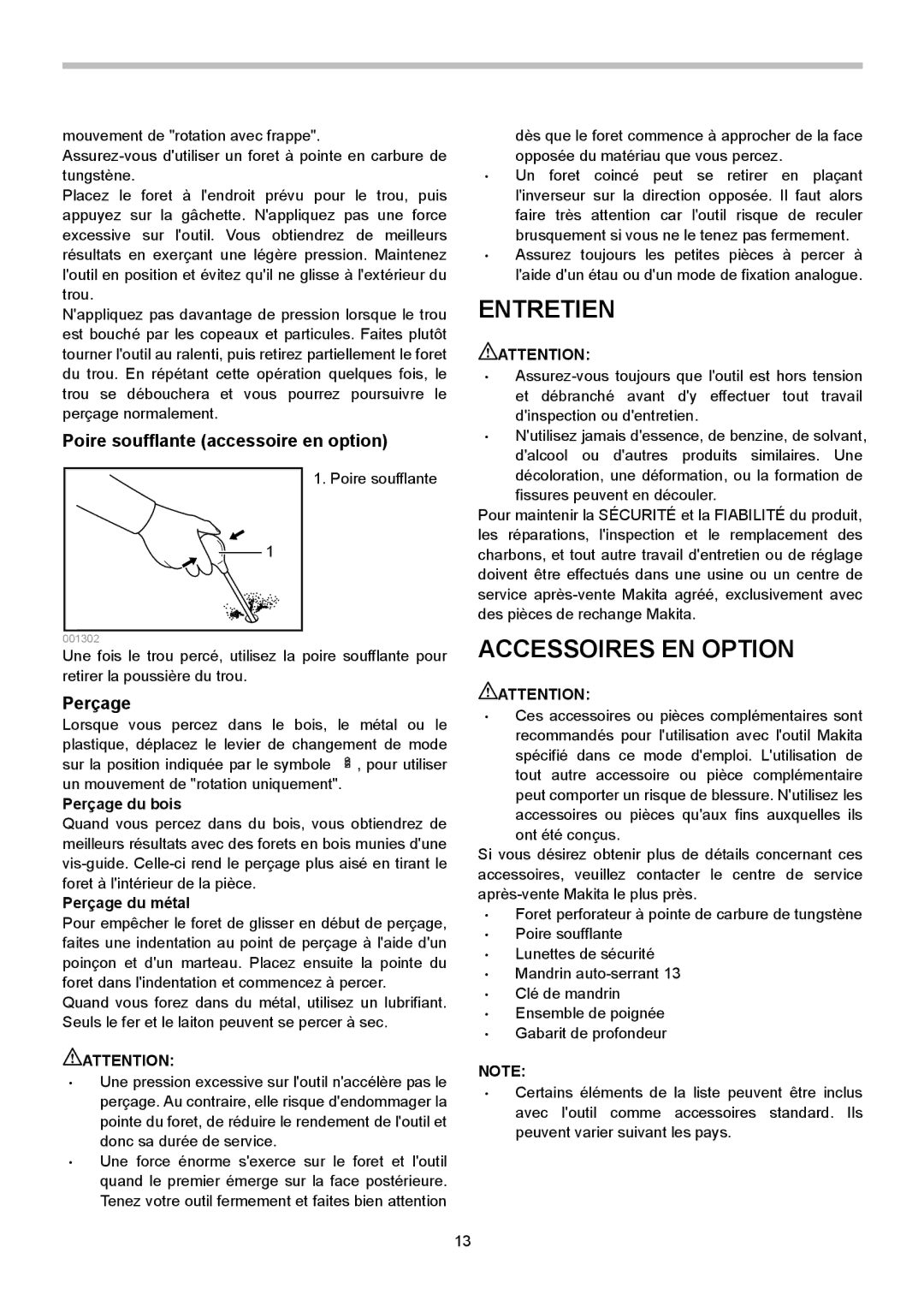 Makita HP1631, HP1630 instruction manual Entretien, Accessoires EN Option, Poire soufflante accessoire en option, Perçage 