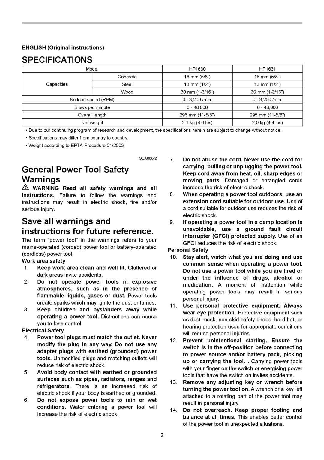 Makita HP1630, HP1631 instruction manual Specifications, General Power Tool Safety Warnings, English Original instructions 