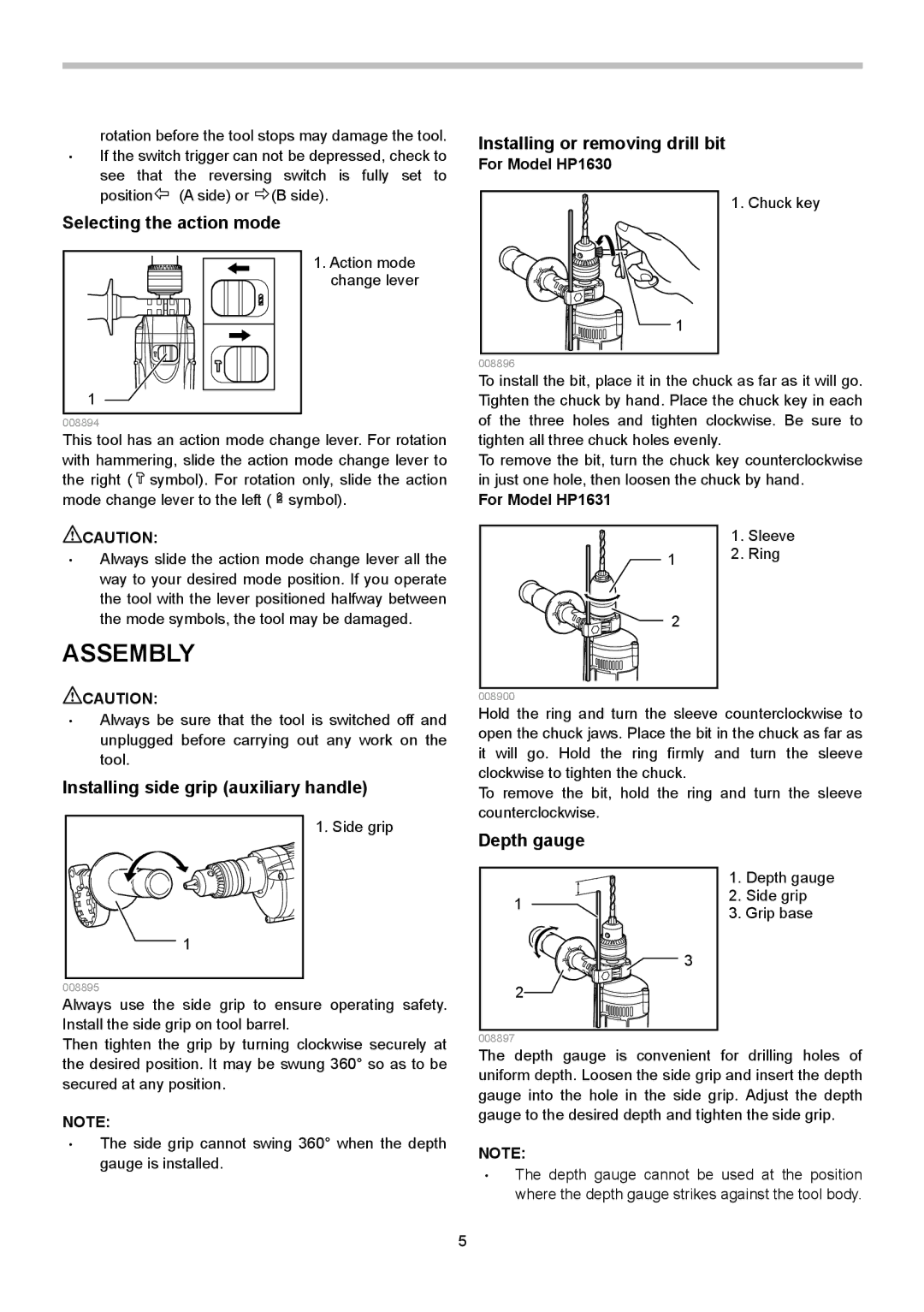 Makita instruction manual Assembly, Selecting the action mode, Depth gauge, For Model HP1630, For Model HP1631 