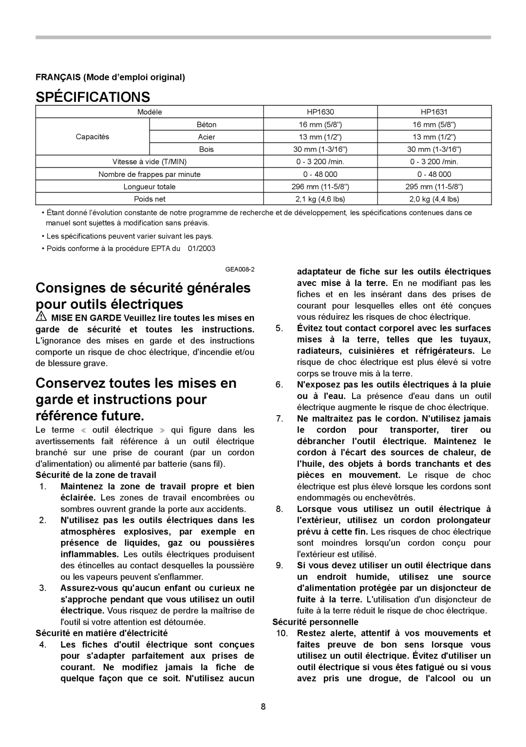 Makita HP1630, HP1631 instruction manual Spécifications, Français Mode d’emploi original 